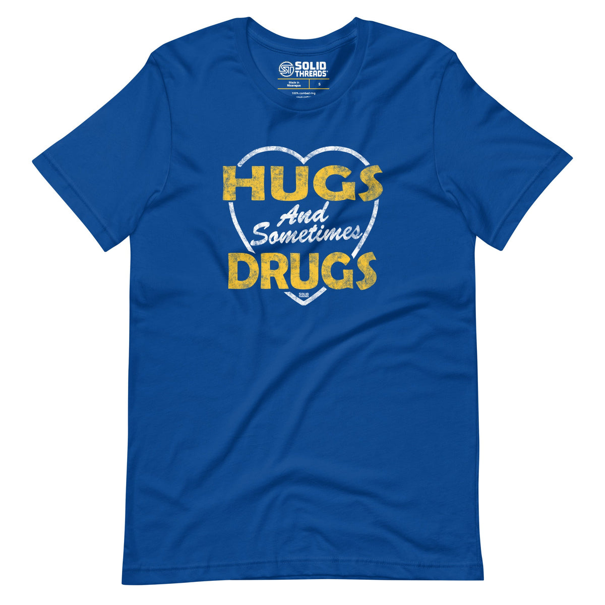 Men&#39;s Hugs And Sometimes Drugs Retro Soft Style T-Shirt | Funny Festival Tee | Solid Threads