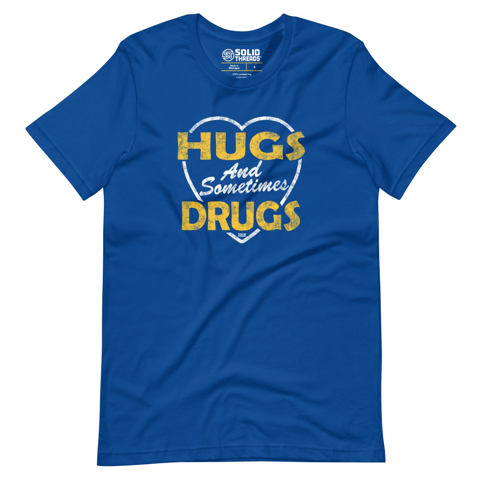 Men's Hugs And Sometimes Drugs Retro Soft Style T-Shirt | Funny Festival Tee | Solid Threads