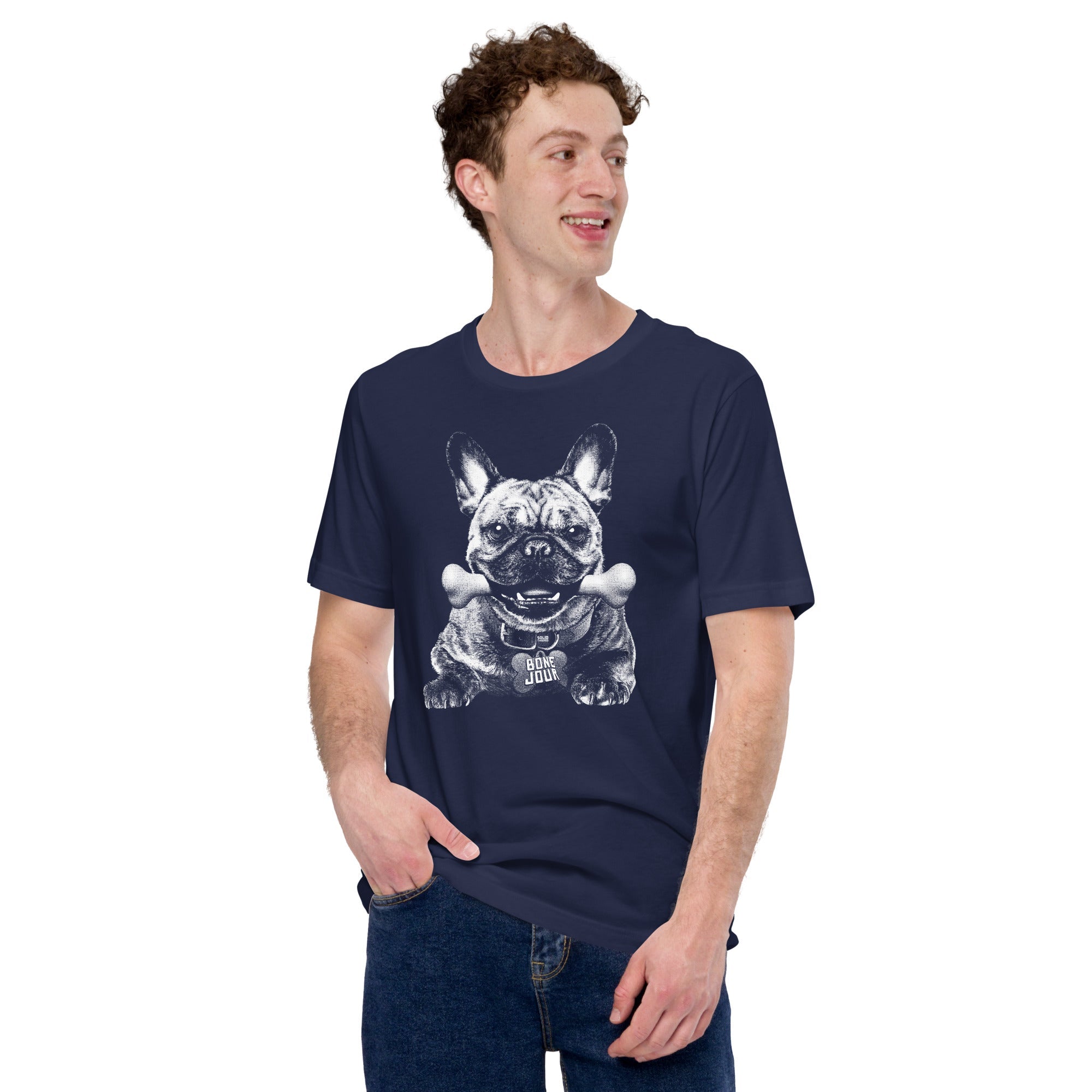 Men's Bone Jour Vintage Soft Style T-Shirt | Funny Dog Lover Tee | Solid Threads