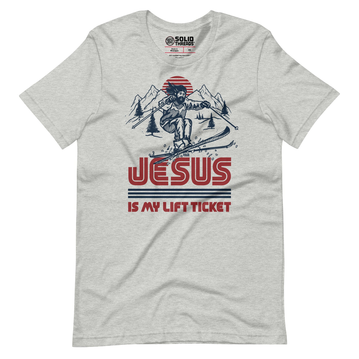 Men&#39;s Jesus Is My Lift Ticket Funny Soft Style T-Shirt | Cool Skiing Tee | Solid Threads