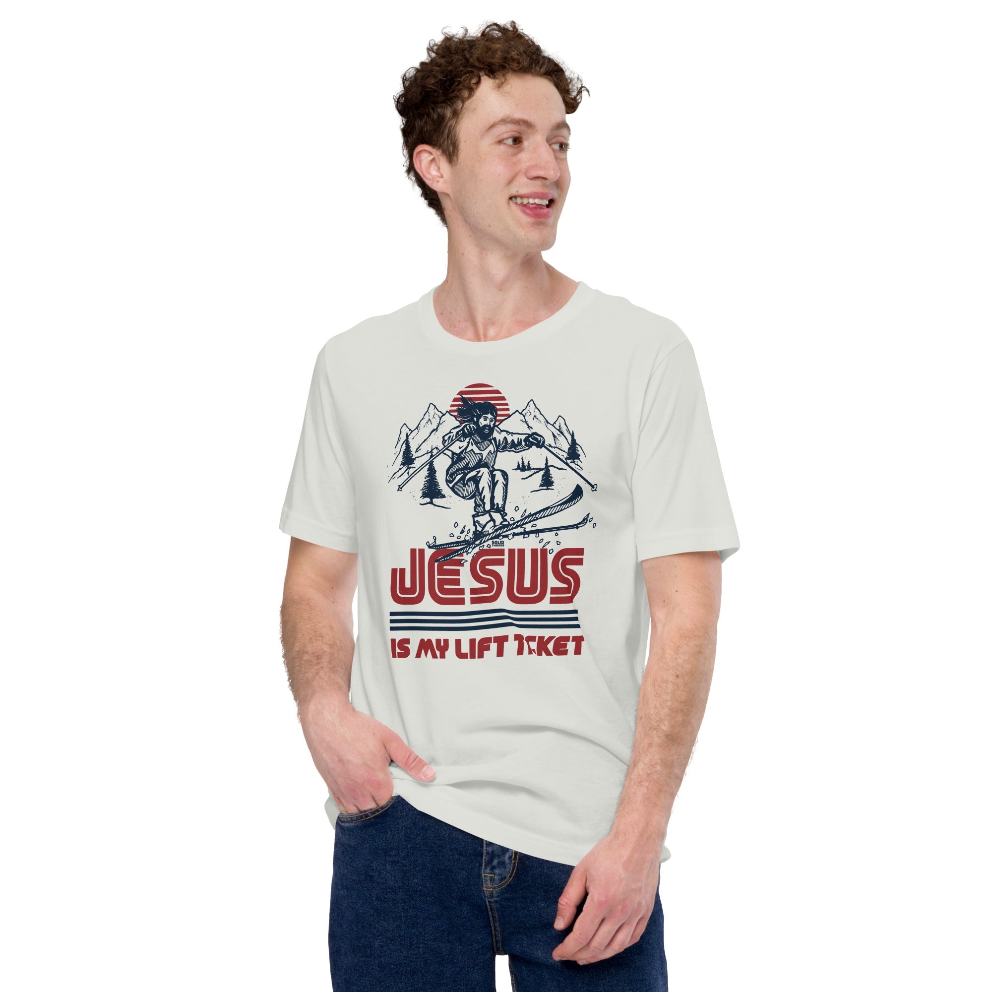 Men's Jesus Is My Lift Ticket Funny Soft Style T-Shirt | Cool Skiing Tee On Model | Solid Threads