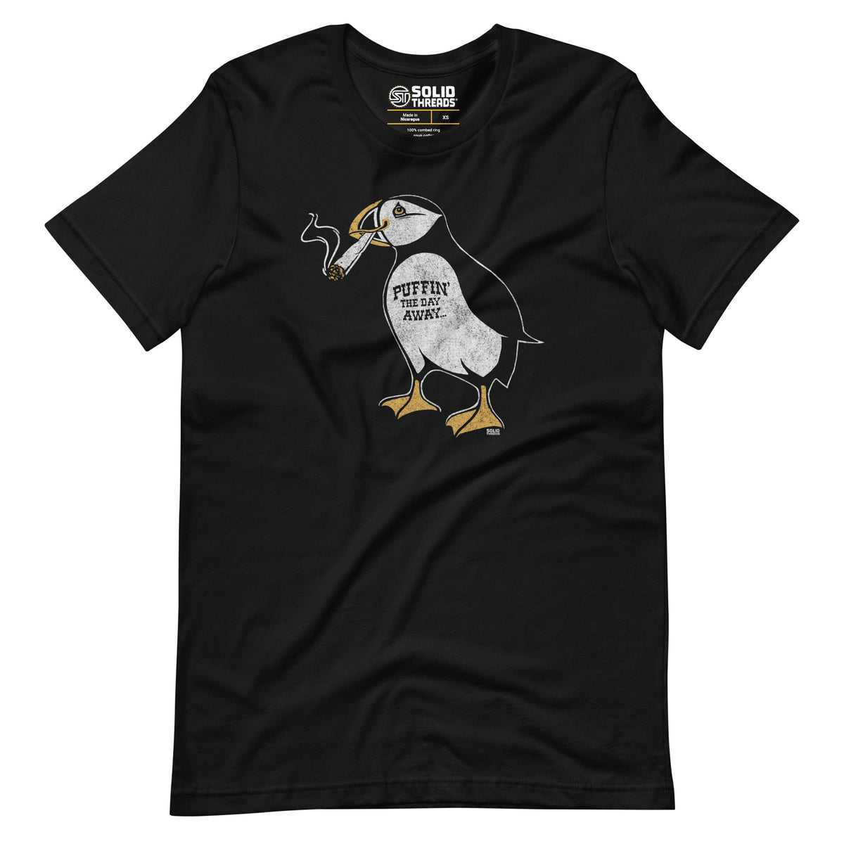 Men&#39;s Puffin Away Vintage Soft Style T-Shirt | Funny Marijuana Tee | Solid Threads