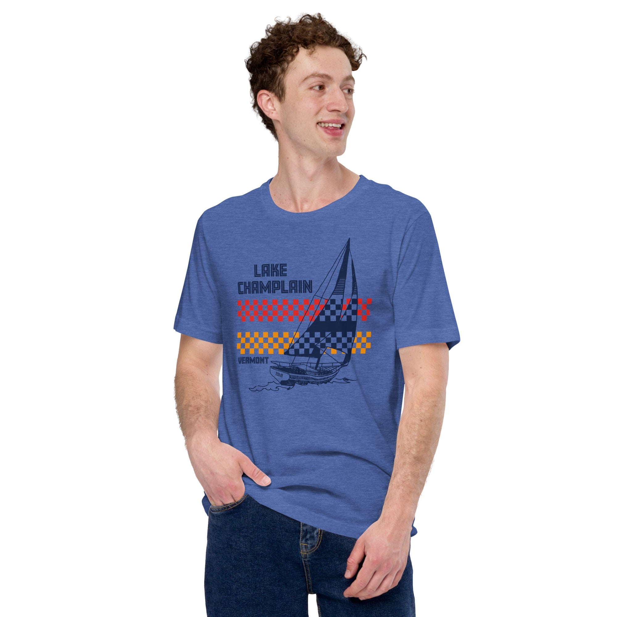 Men's Lake Champlain Vermont Vintage Inspired T-shirt | Cool Retro Sailboat Soft Style Tee | Solid Threads