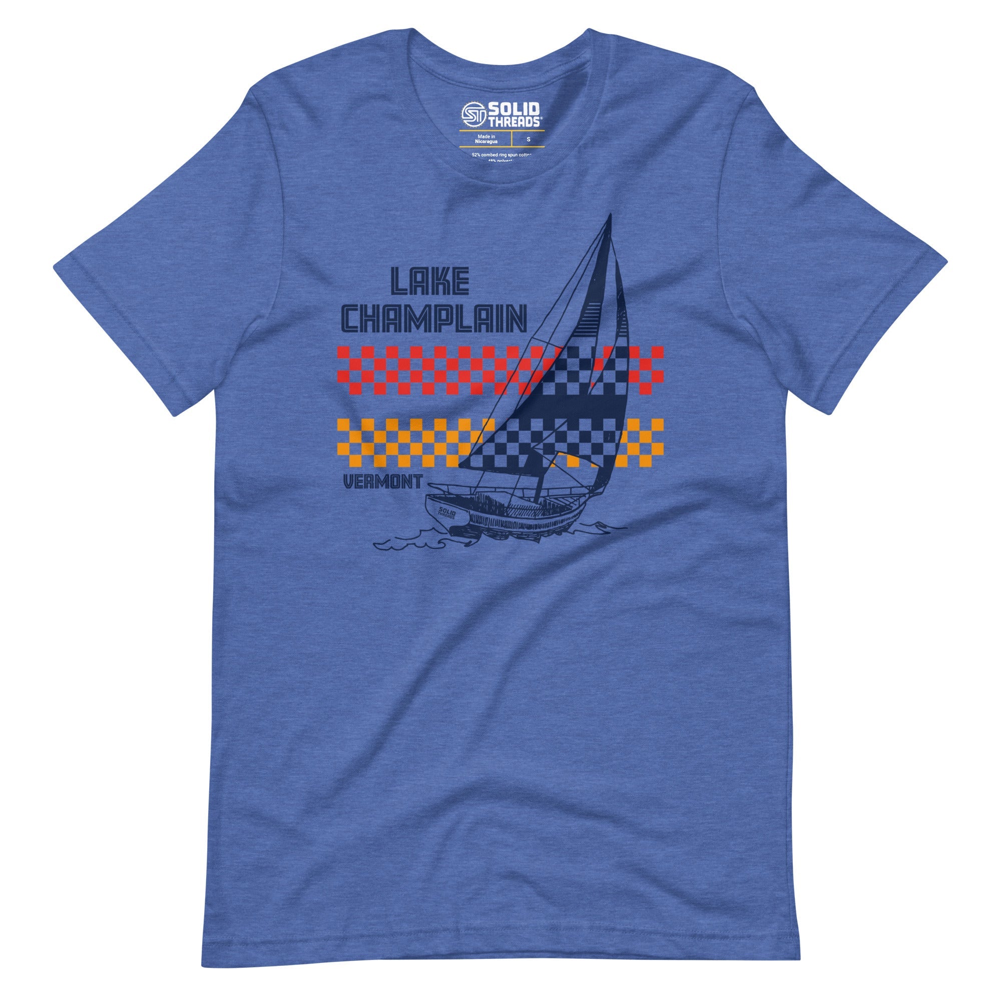 Men's Lake Champlain Vermont Vintage Inspired T-shirt | Cool Retro Sailboat Soft Style Tee | Solid Threads