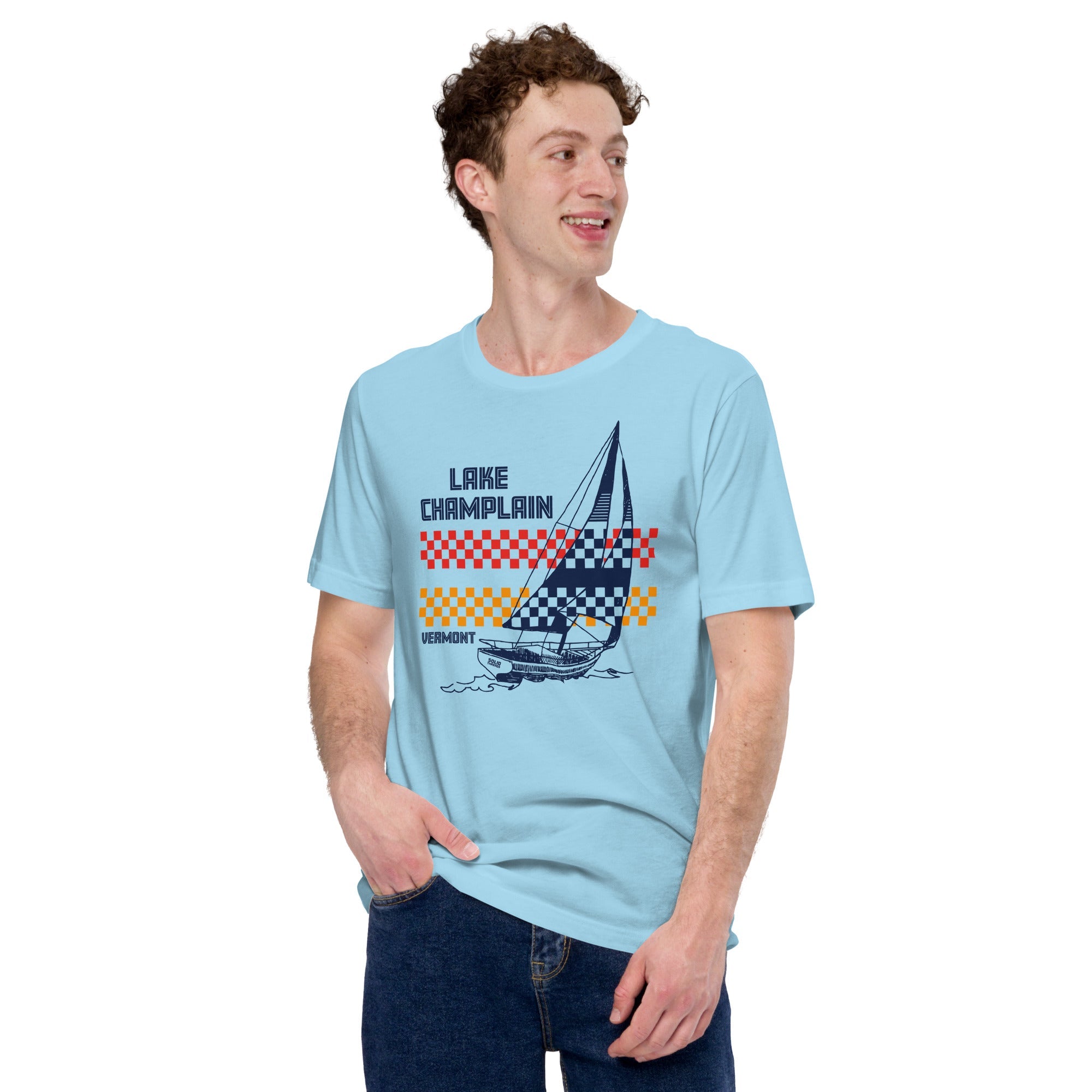 Men's Lake Champlain Vermont Vintage Inspired T-shirt | Cool Retro Sailboat Soft Style Tee on Model | Solid Threads