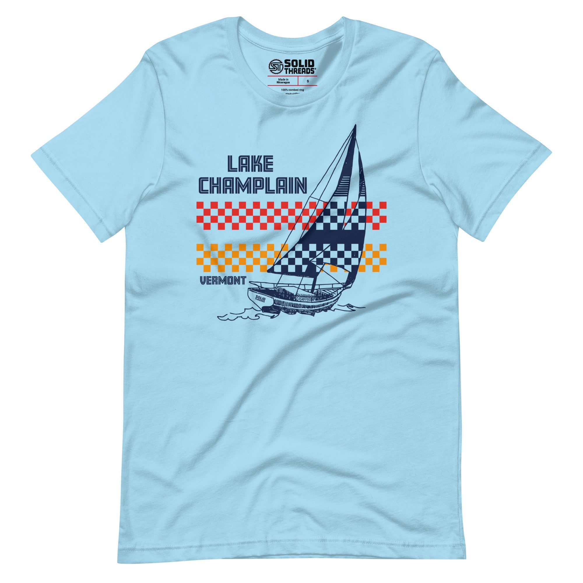 Men's Lake Champlain Vermont Vintage Inspired T-shirt | Cool Retro Sailboat Soft Style Tee | Solid Threads