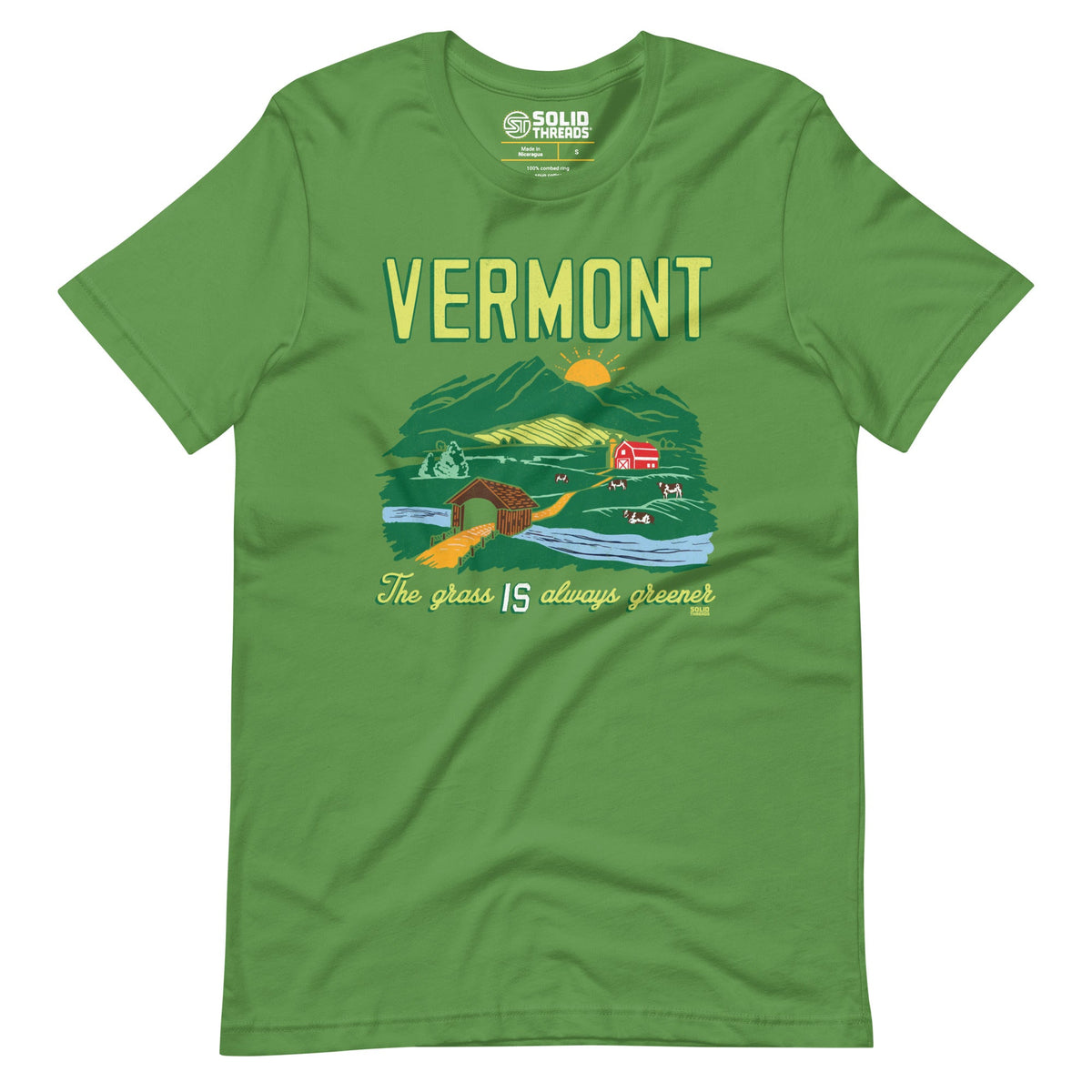 Men&#39;s Vermont The Grass Is Always Greener Cool Soft Style T-Shirt | Vintage Green Mountains Tee | Solid Threads