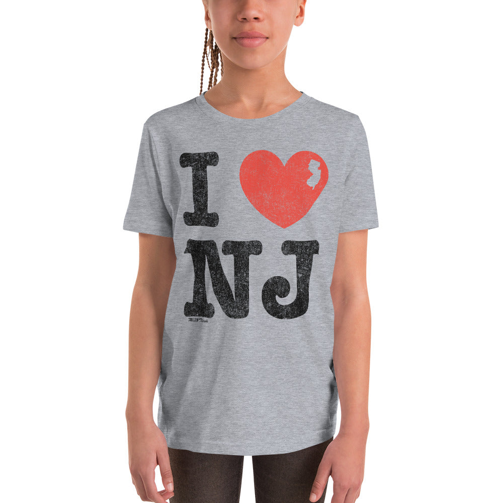 Youth I Heart NJ Retro Extra Soft T-Shirt | Retro New Jersey Pride Kids Tee Girl Model | Solid Threads