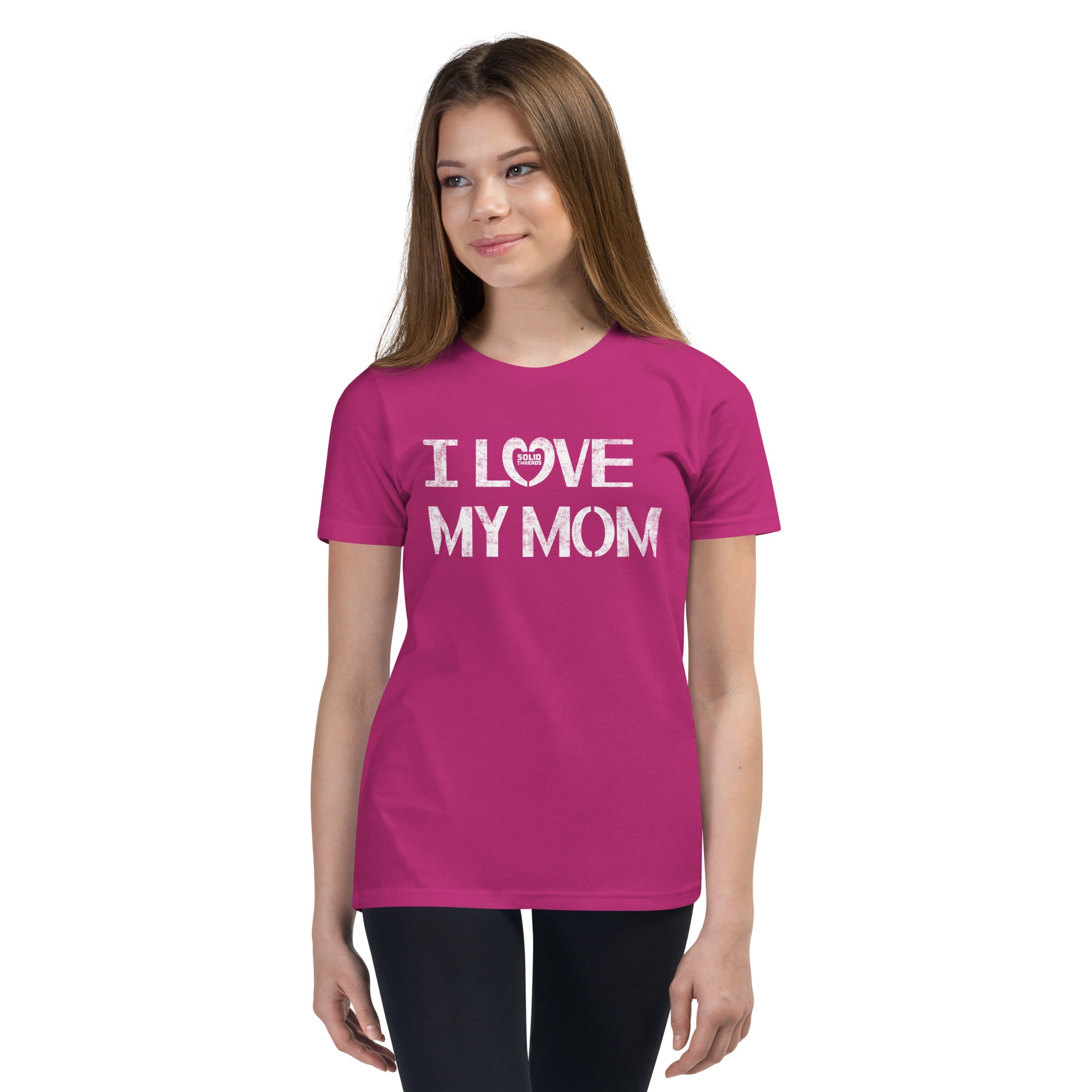 Youth I Love My Mom Cute Extra Soft T-Shirt | Retro New Parent Kids Tee Girl Model | Solid Threads
