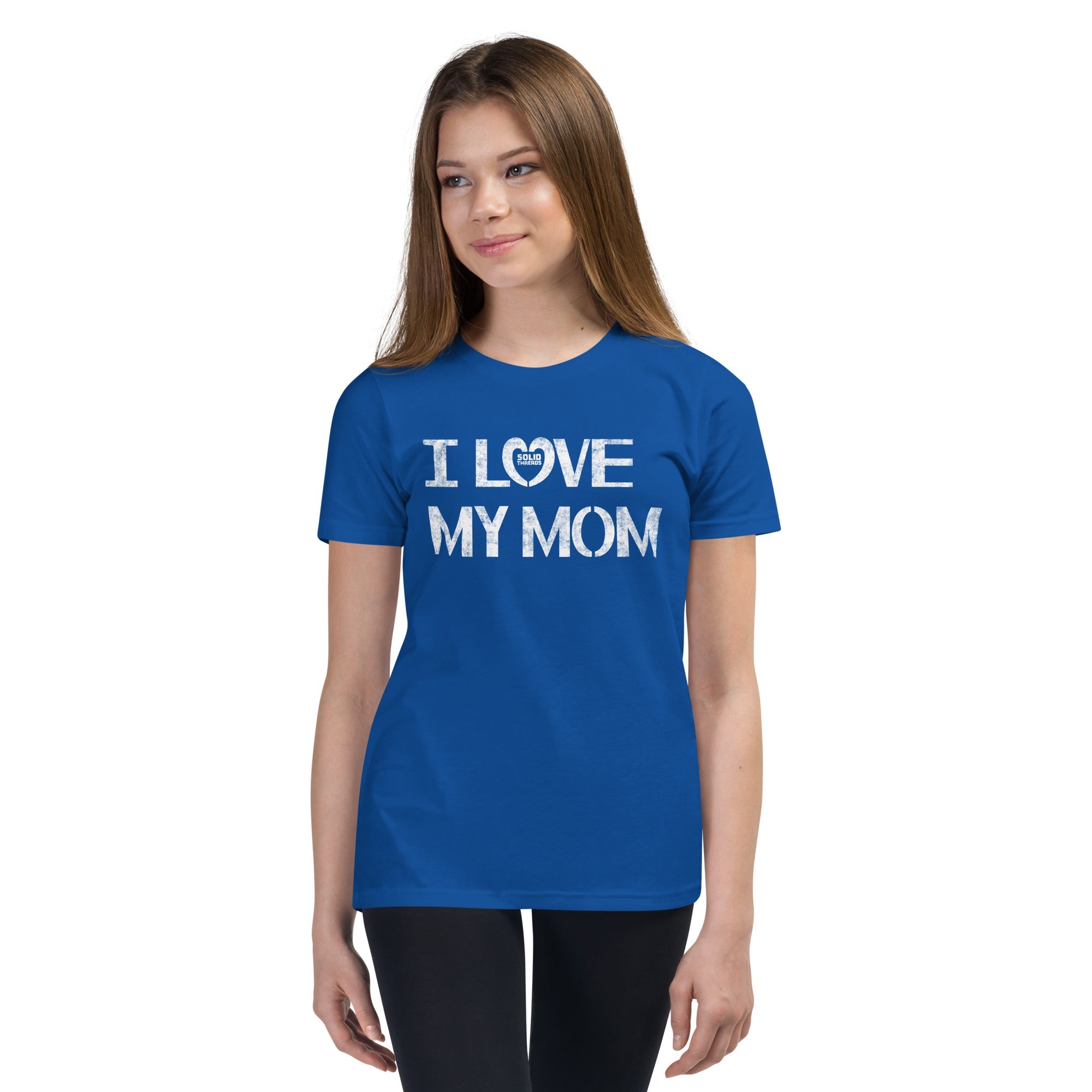 Youth I Love My Mom Cute Extra Soft T-Shirt | Retro New Parent Kids Tee Girl Model | Solid Threads