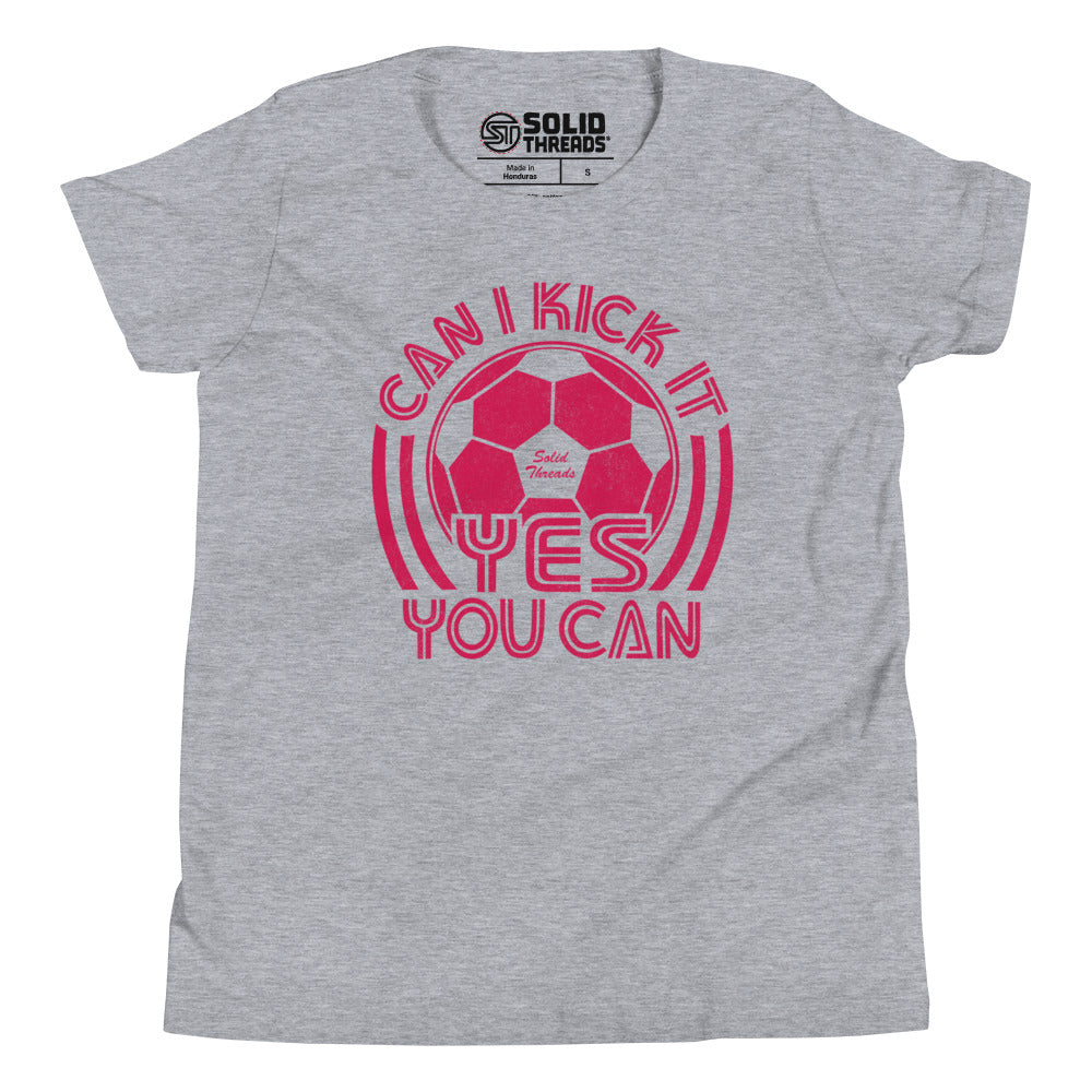 Youth Can I Kick It Retro Music Extra Soft T-Shirt | Funny Soccer Kids Tee | Solid Threads