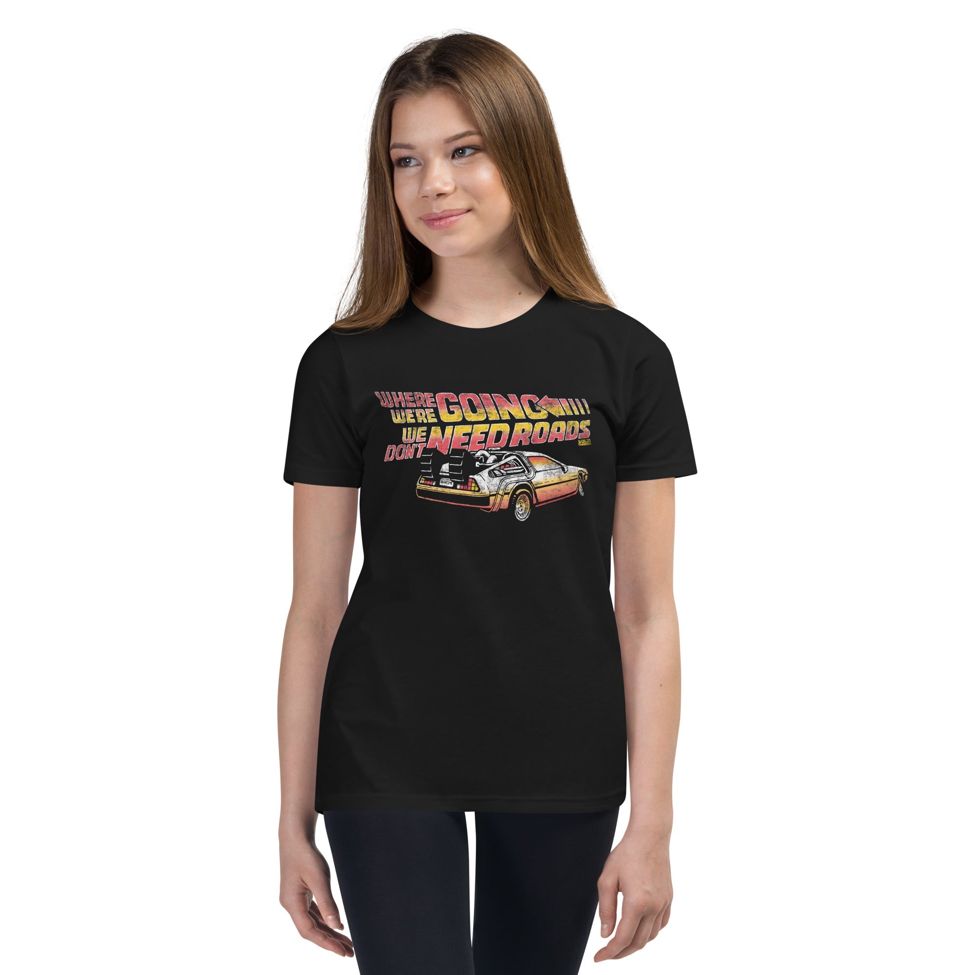Youth Don't Need Roads Cool Extra Soft T-Shirt | Retro 80s Movie Kids Tee Girl Model | Solid Threads