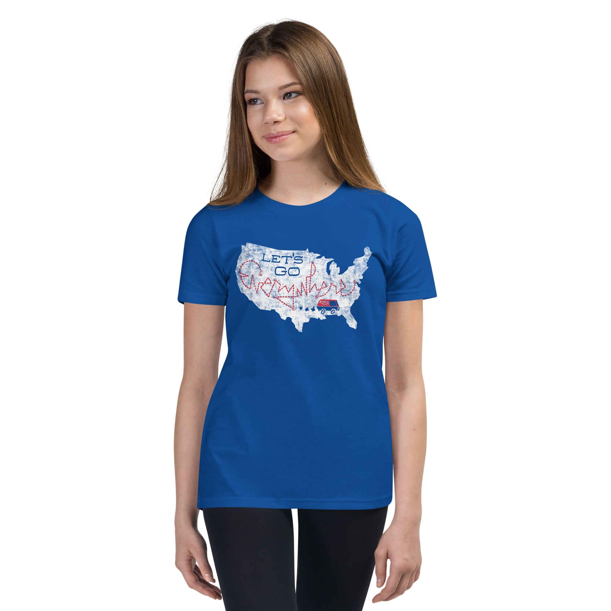 Youth Lets Go Everywhere Cool Extra Soft T-Shirt | Retro Road Trip Kids Tee Girl Model | Solid Threads