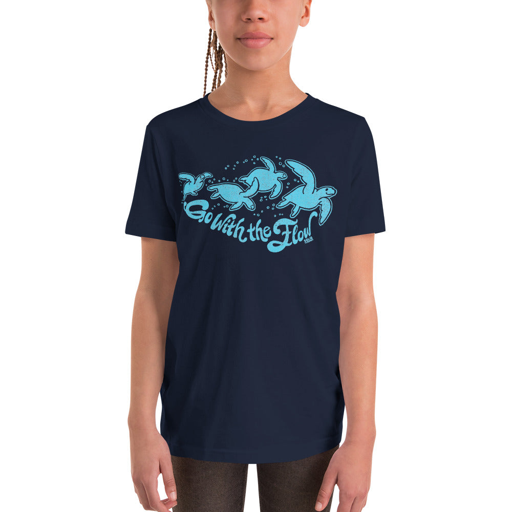 Youth Go With The Flow Retro Extra Soft T-Shirt | Cool Sea Turtle Kids Tee Girl Model | Solid Threads