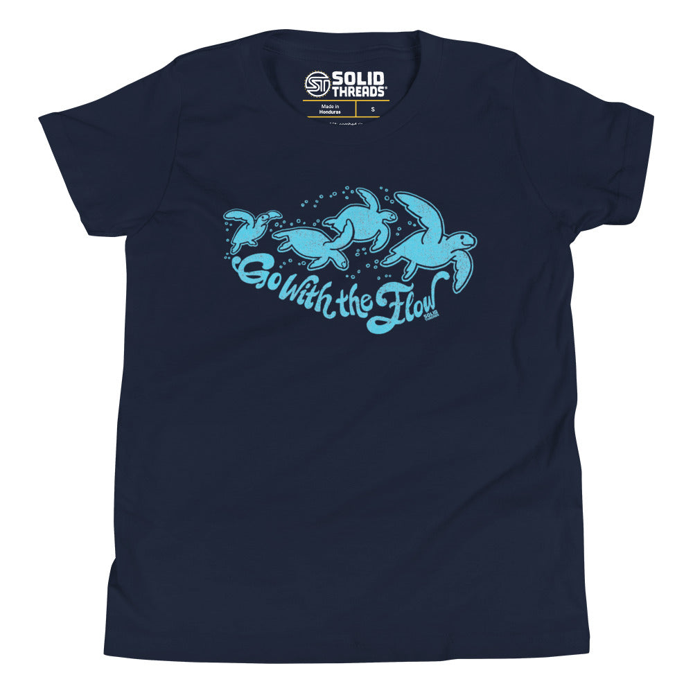 Youth Go With The Flow Retro Extra Soft T-Shirt | Cool Sea Turtle Kids Tee | Solid Threads