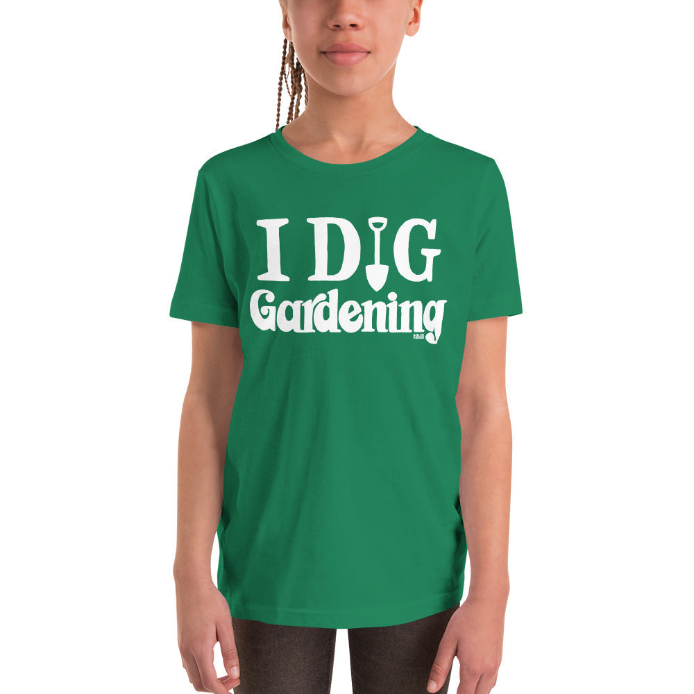 Youth I Dig Gardening Retro Cute Extra Soft T-Shirt | Funny Nature Kids Tee Girl Model | Solid Threads