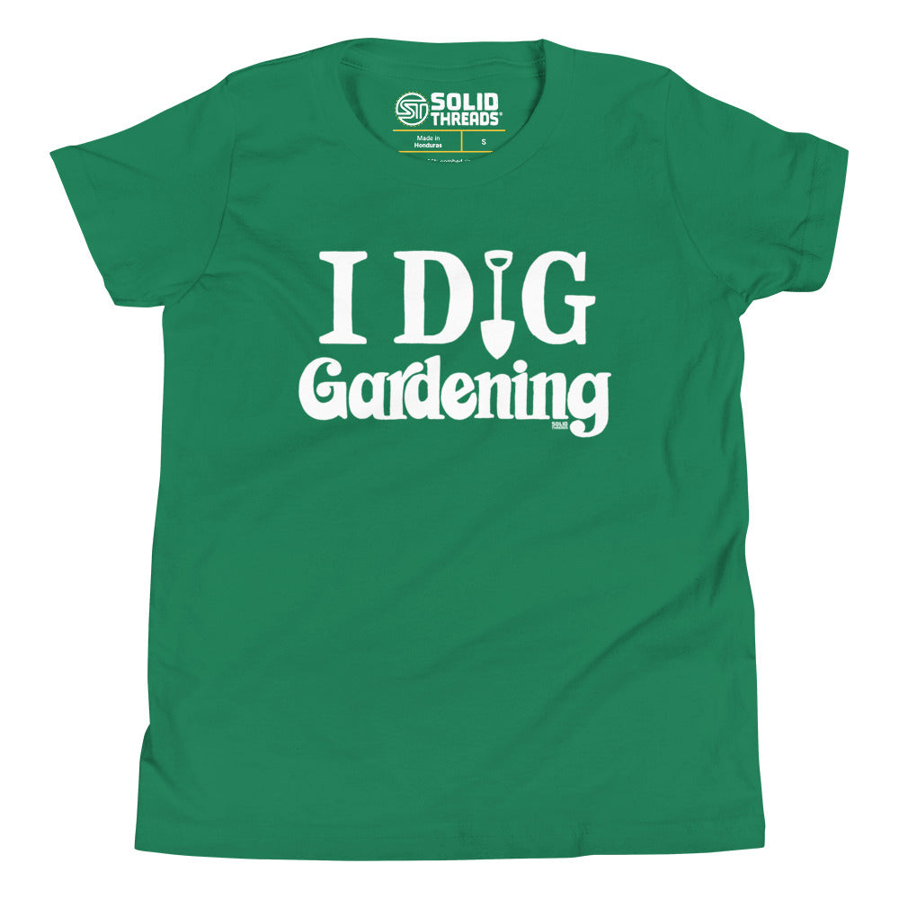 Youth I Dig Gardening Retro Cute Extra Soft T-Shirt | Funny Nature Kids Tee | Solid Threads