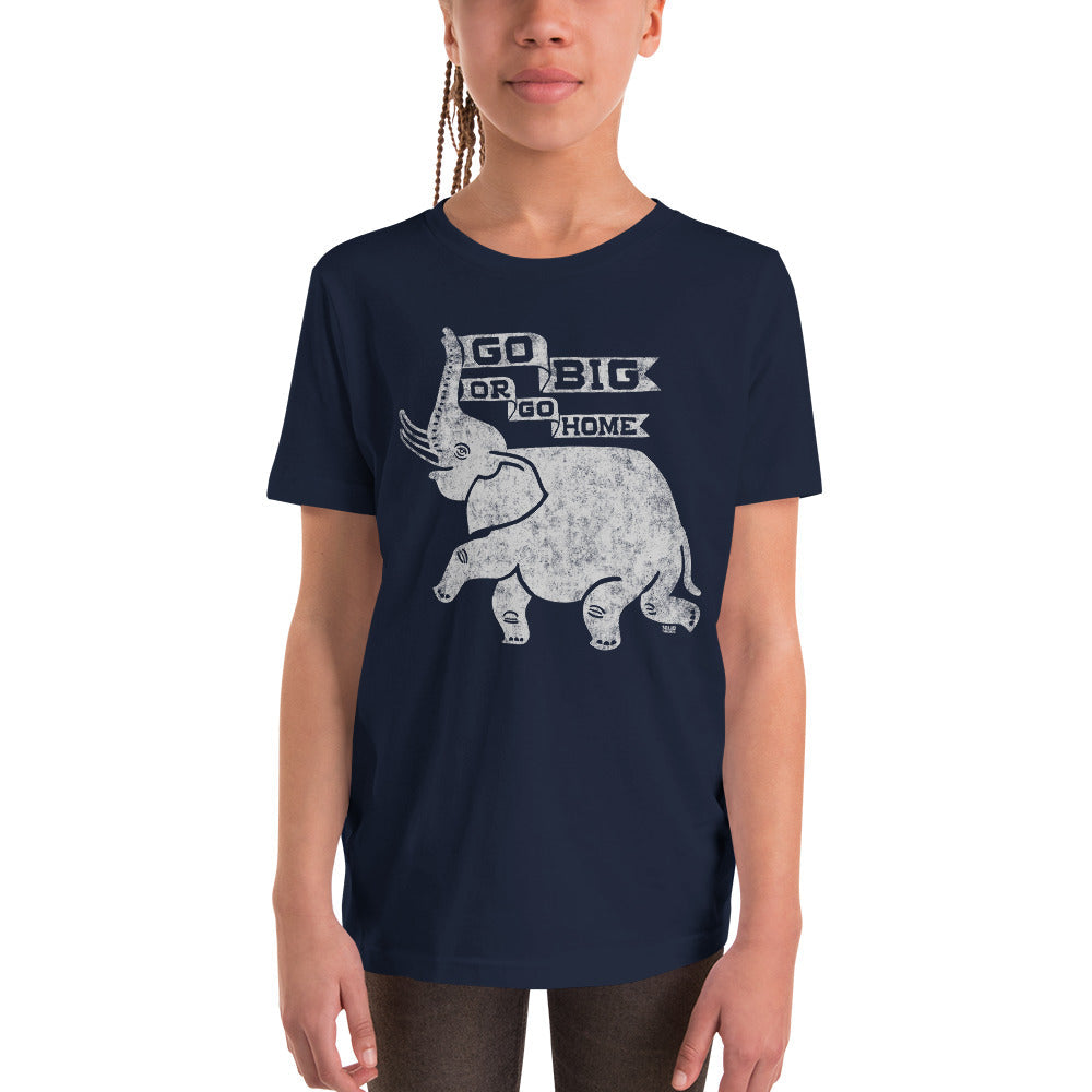 Youth Go Big Or Go Home Retro Extra Soft T-Shirt | Funny Elephant Kids Tee Girl Model | Solid Threads