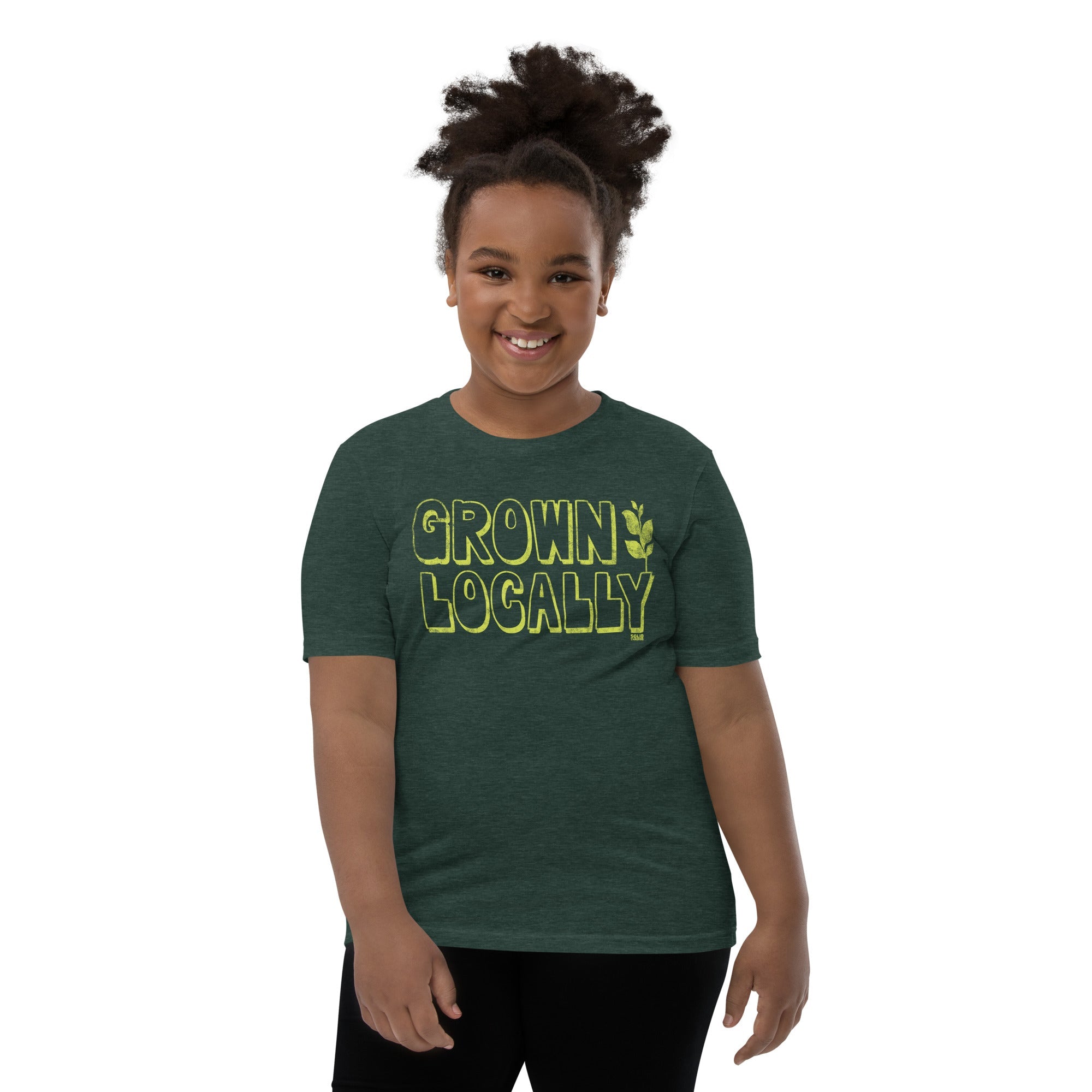 Youth Grown Locally Cool Extra Soft T-Shirt | Retro Farm To Table Kids Tee Girl Model | Solid Threads