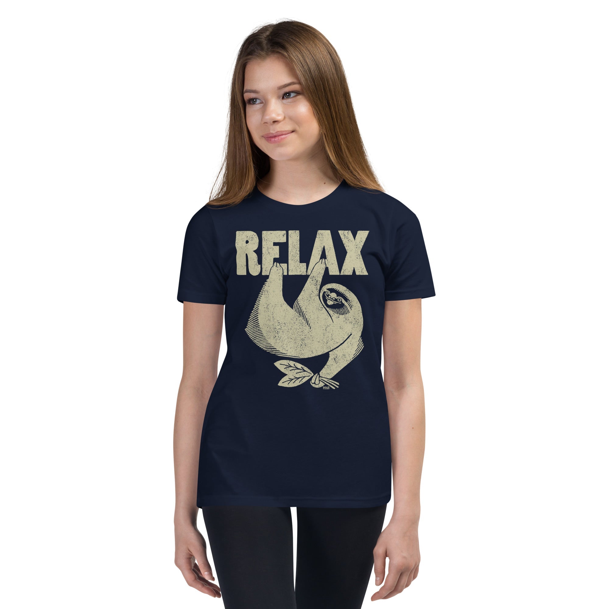 Youth Relax Retro Cute Sloth Extra Soft T-Shirt | Funny Animal Kids Tee Girl Model | Solid Threads