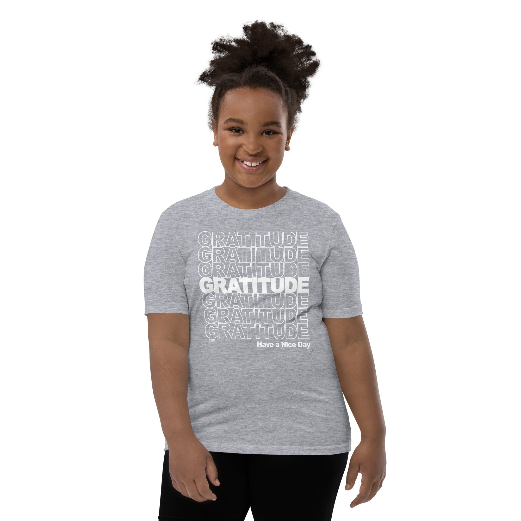 Youth Gratitude Cool Happy Extra Soft T-Shirt | Retro Wholesome Kids Tee Girl Model | Solid Threads