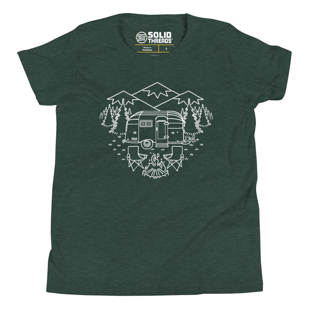 Youth Camp Site Retro Hiking Extra Soft T-Shirt | Cool Mountains Kids Tee | Solid Threads