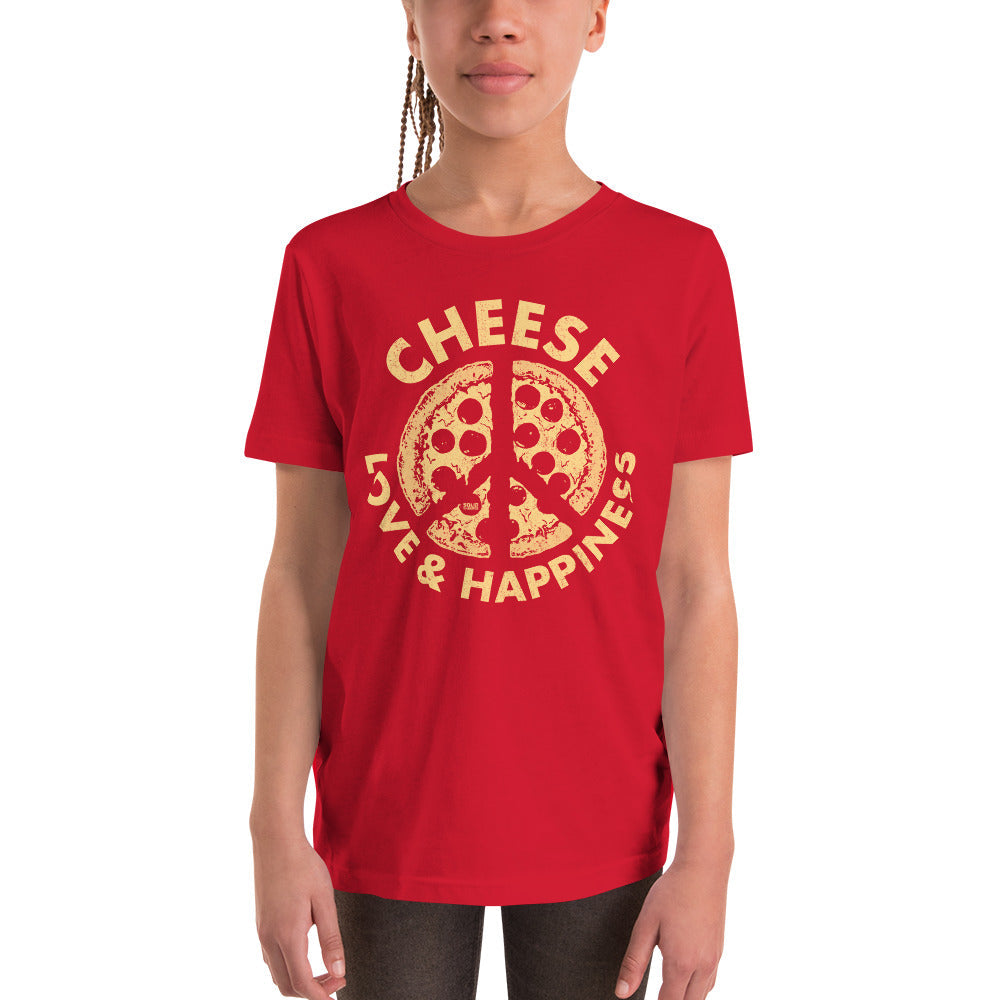 Youth Cheese Love Happiness Funny Extra Soft T-Shirt | Retro Pizza Kids Tee Girl Model | Solid Threads