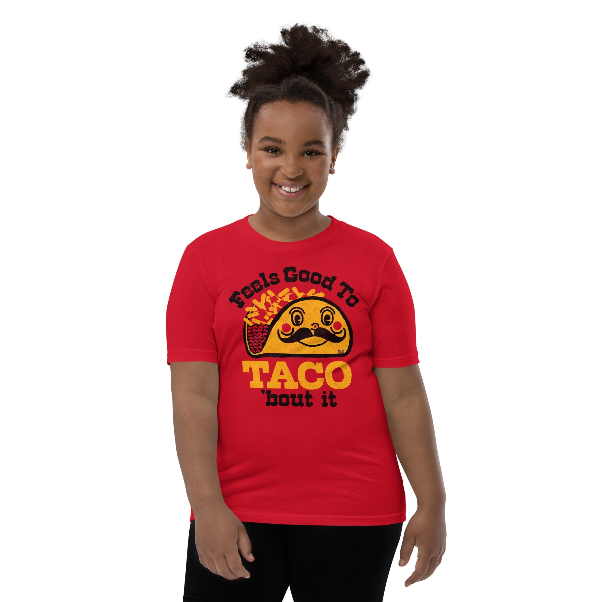 Youth Taco Bout It Retro Extra Soft T-Shirt | Funny Mexican Food Kids Tee Girl Model | Solid Threads