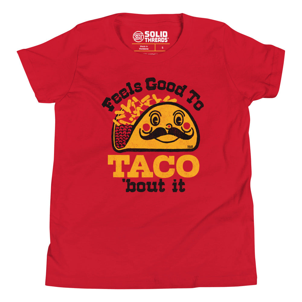 Youth Taco Bout It Retro Extra Soft T-Shirt | Funny Mexican Food Kids Tee | Solid Threads