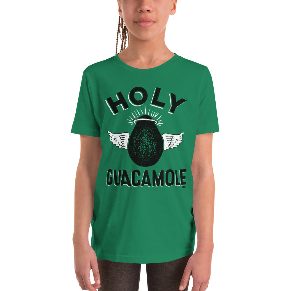 Youth Holy Guacamole Retro Foodie Extra Soft T-Shirt | Funny Avo Kids Tee Girl Model | Solid Threads