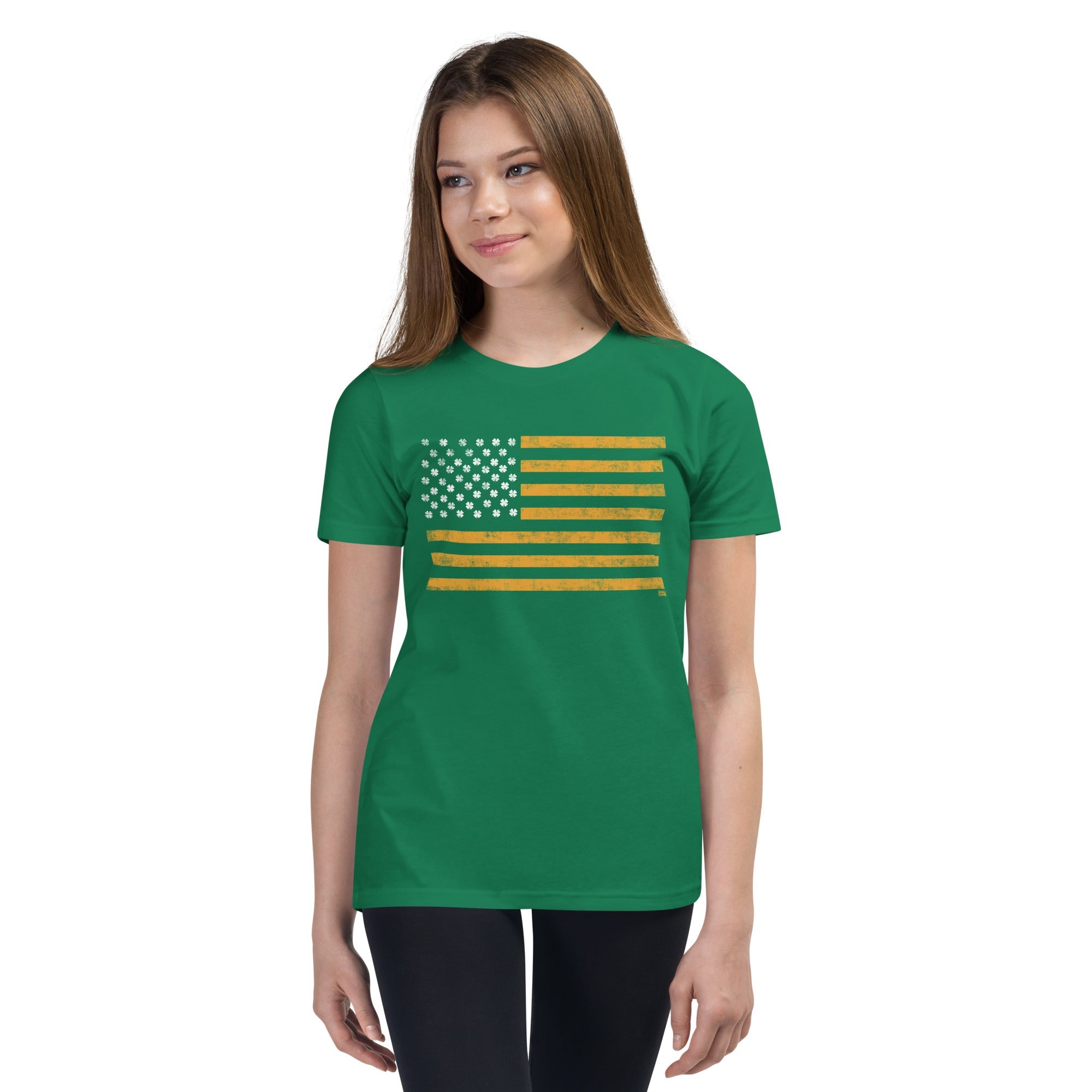 Youth Irish American Retro Extra Soft T-Shirt | Cool St Paddy's Kids Tee Girl Model | Solid Threads