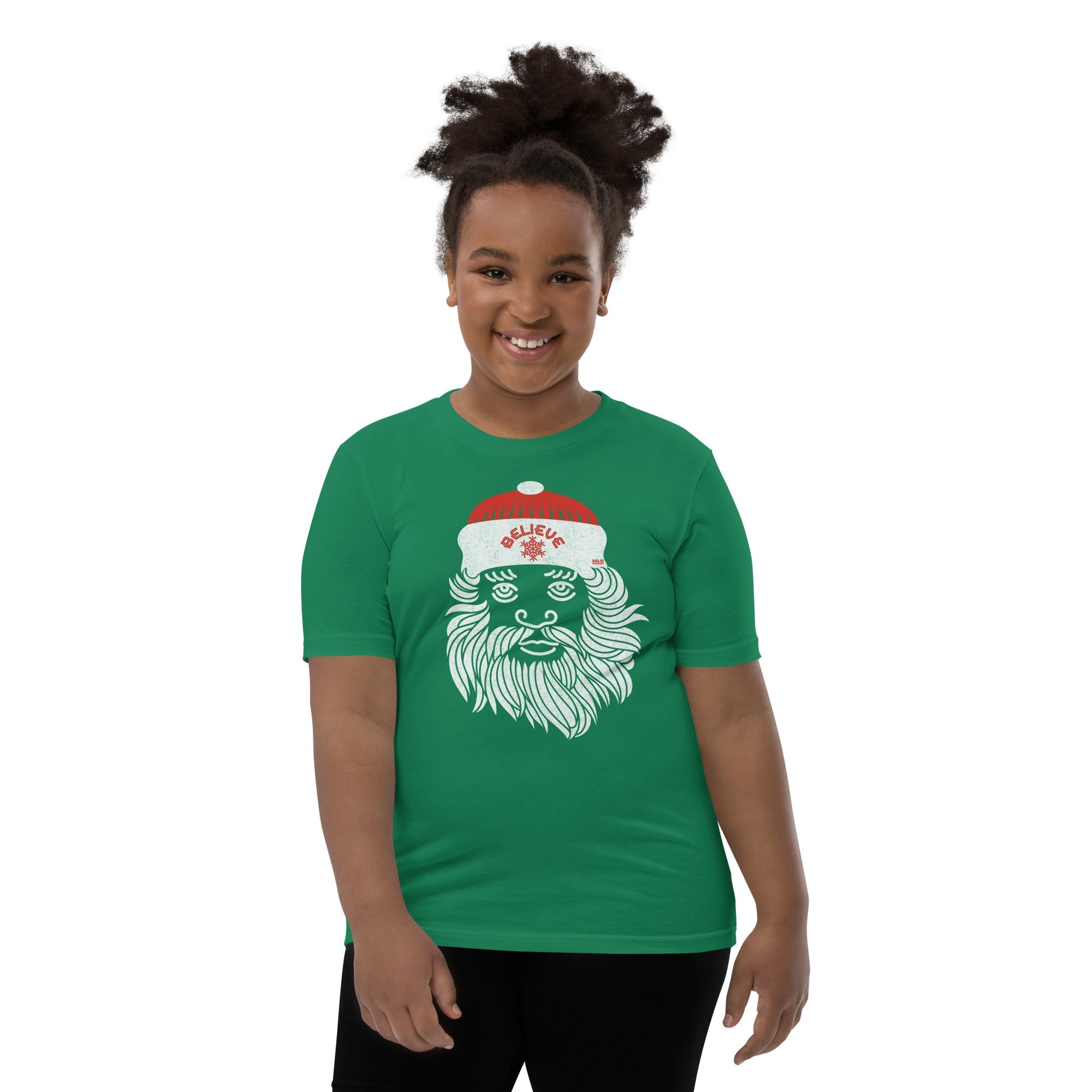 Youth Believe In Santa Cool Extra Soft T-Shirt | Retro Christmas Kids Tee Girl Model | Solid Threads