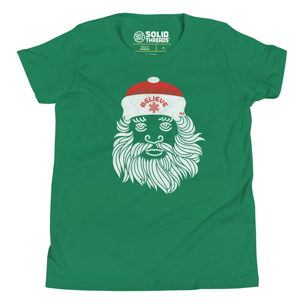 Youth Believe In Santa Cool Extra Soft T-Shirt | Retro Christmas Kids Tee | Solid Threads