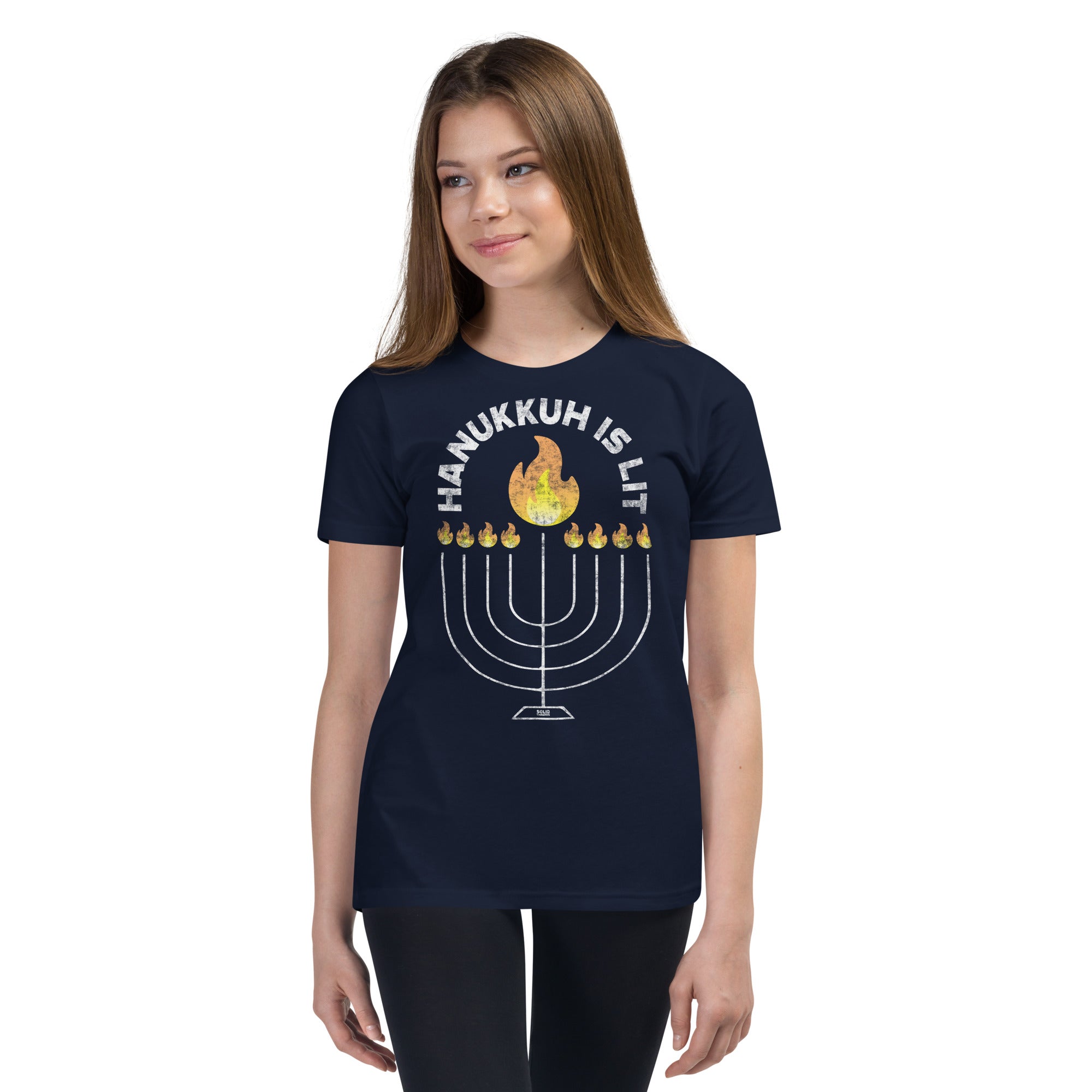 Youth Hanukkah Lit Cool Extra Soft T-Shirt | Retro Jewish Holiday Kids Tee Girl Model | Solid Threads