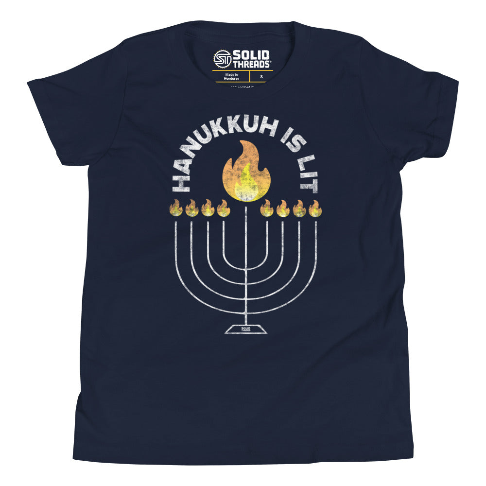 Youth Hanukkah Lit Cool Extra Soft T-Shirt | Retro Jewish Holiday Kids Tee | Solid Threads
