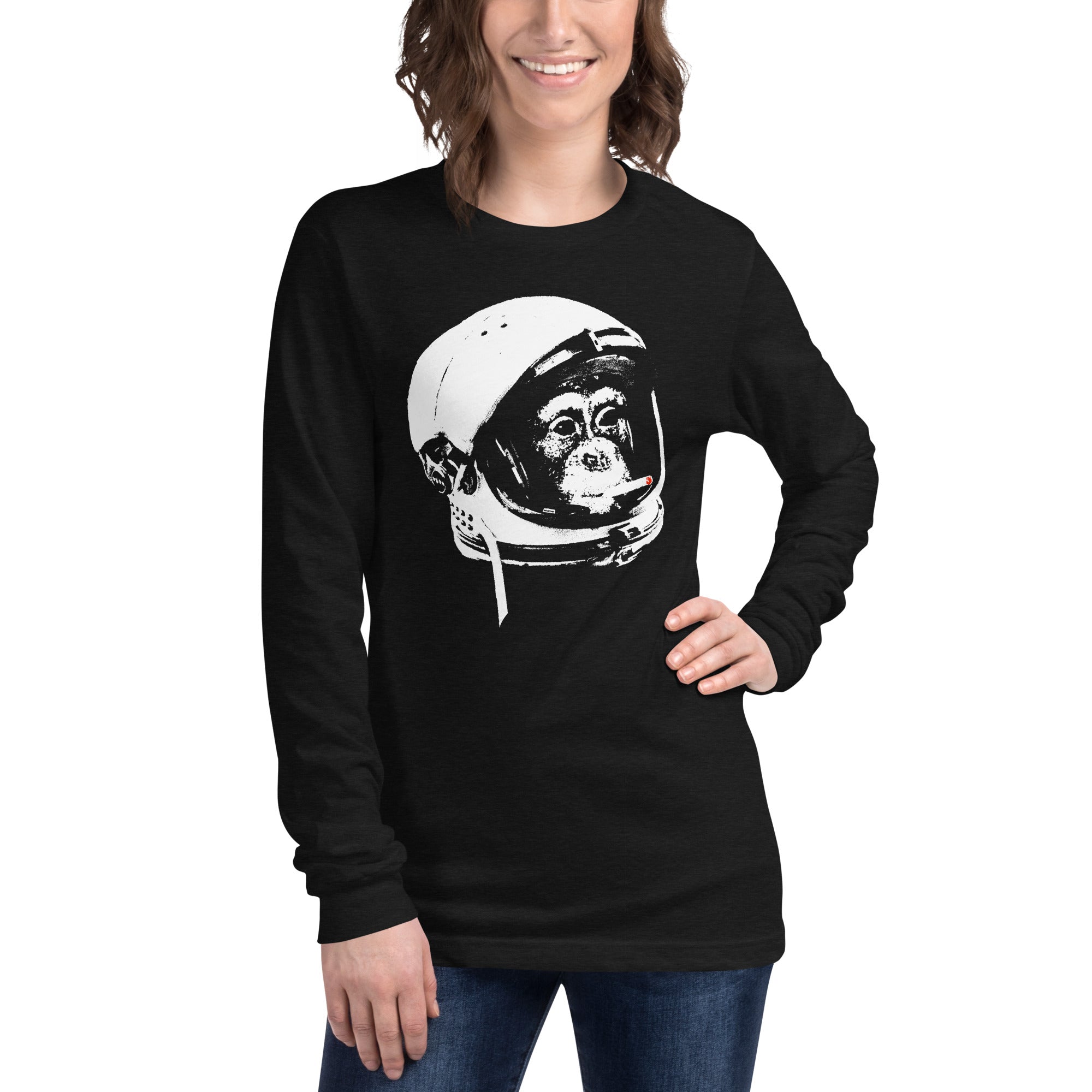 Cold War Vet Cool Graphic Long Sleeve Tee | Funny Chimp Astronaut Smoking Tee On Model | Solid Threads