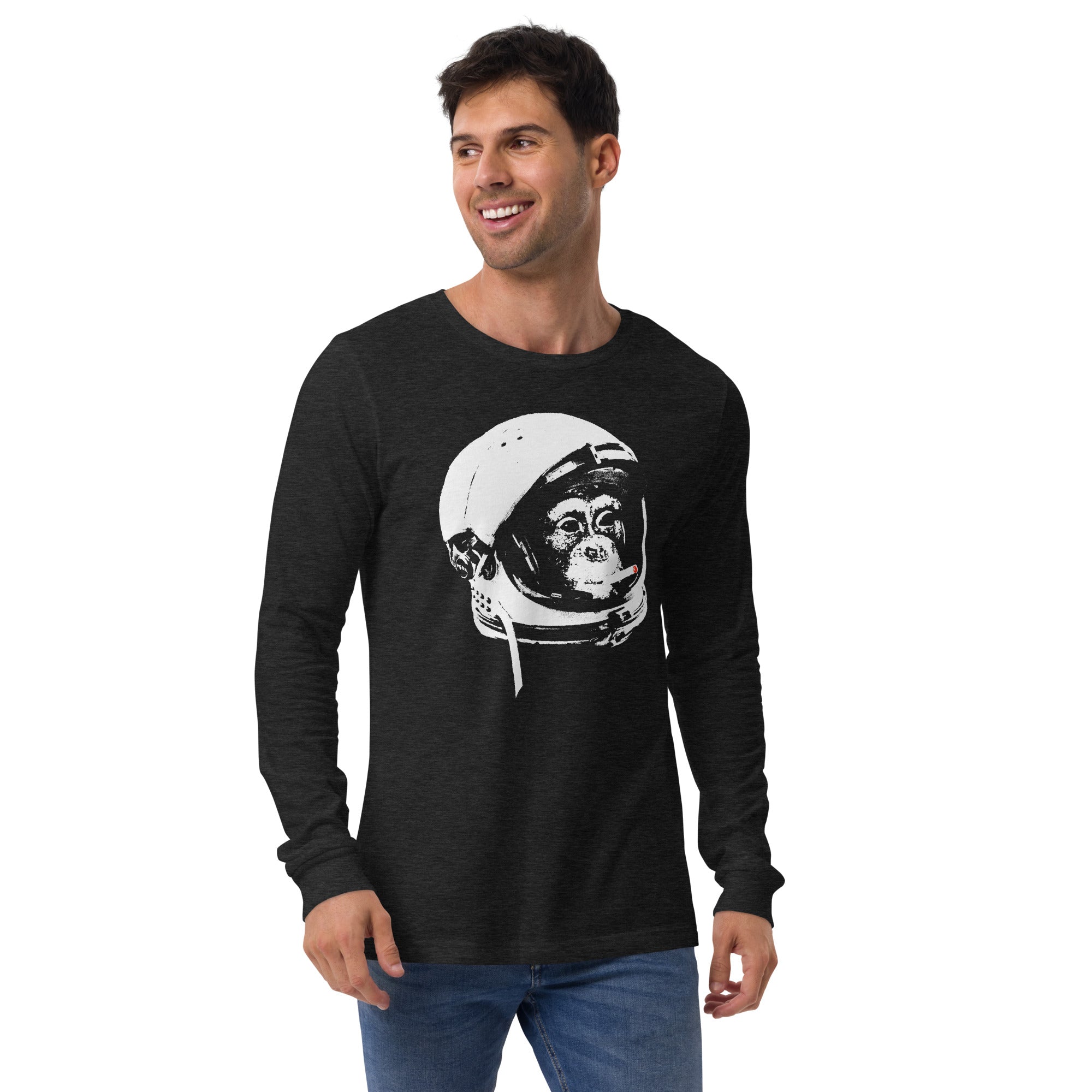 Cold War Vet Cool Graphic Long Sleeve Tee | Funny Chimp Astronaut Smoking Tee On Model | Solid Threads