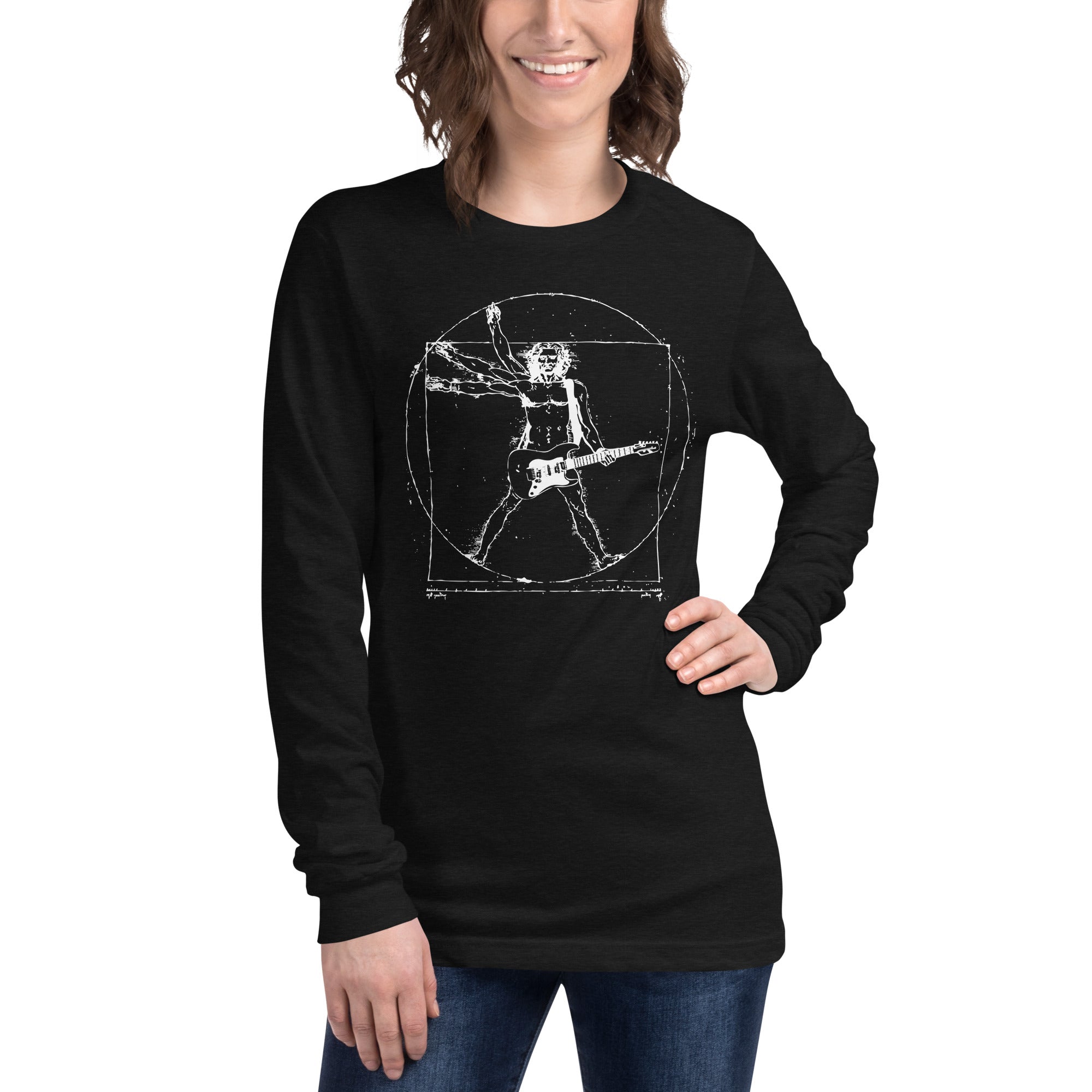 Da Vinci Rock Man Graphic Long Sleeve Tee | Vintage Vitruvian Windmill Tee On Model | Solid Threads