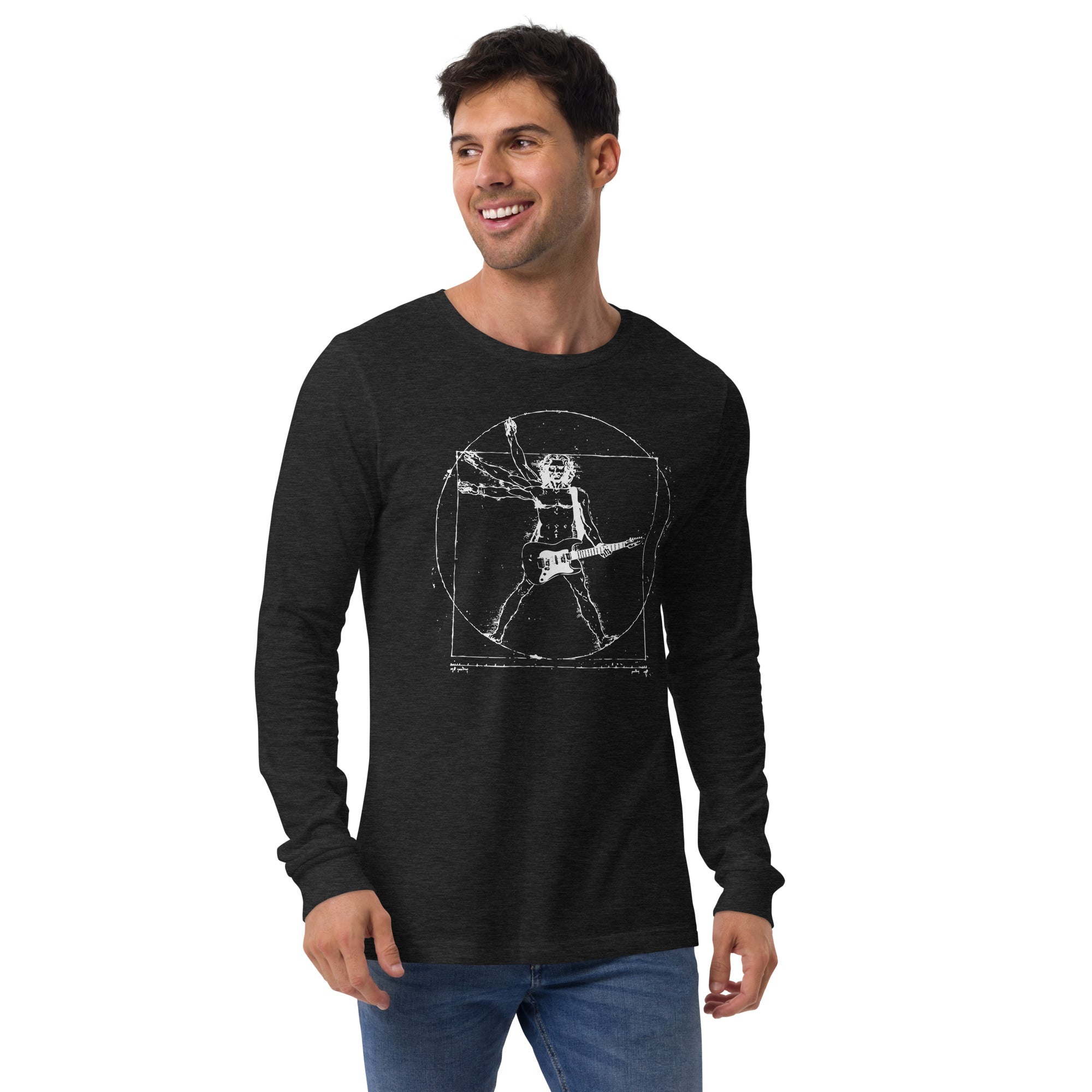 Da Vinci Rock Man Graphic Long Sleeve Tee | Vintage Vitruvian Windmill Tee On Model | Solid Threads