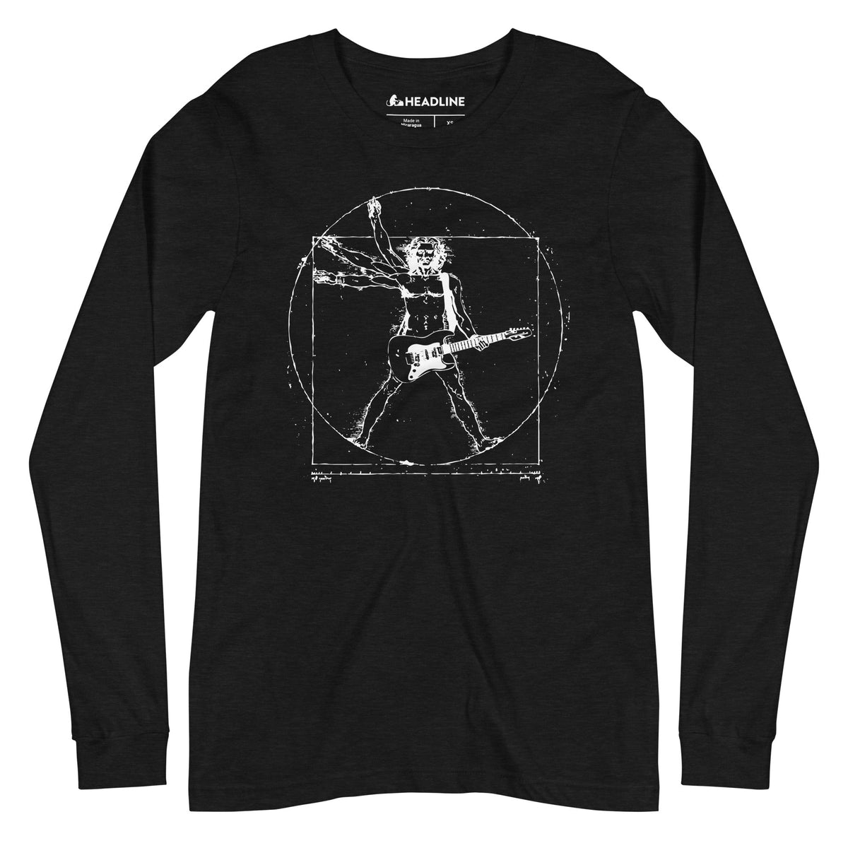 Da Vinci Rock Designer Graphic Long Sleeve Tee | Cool Guitar Vitruvian Windmill Tee | Solid Threads