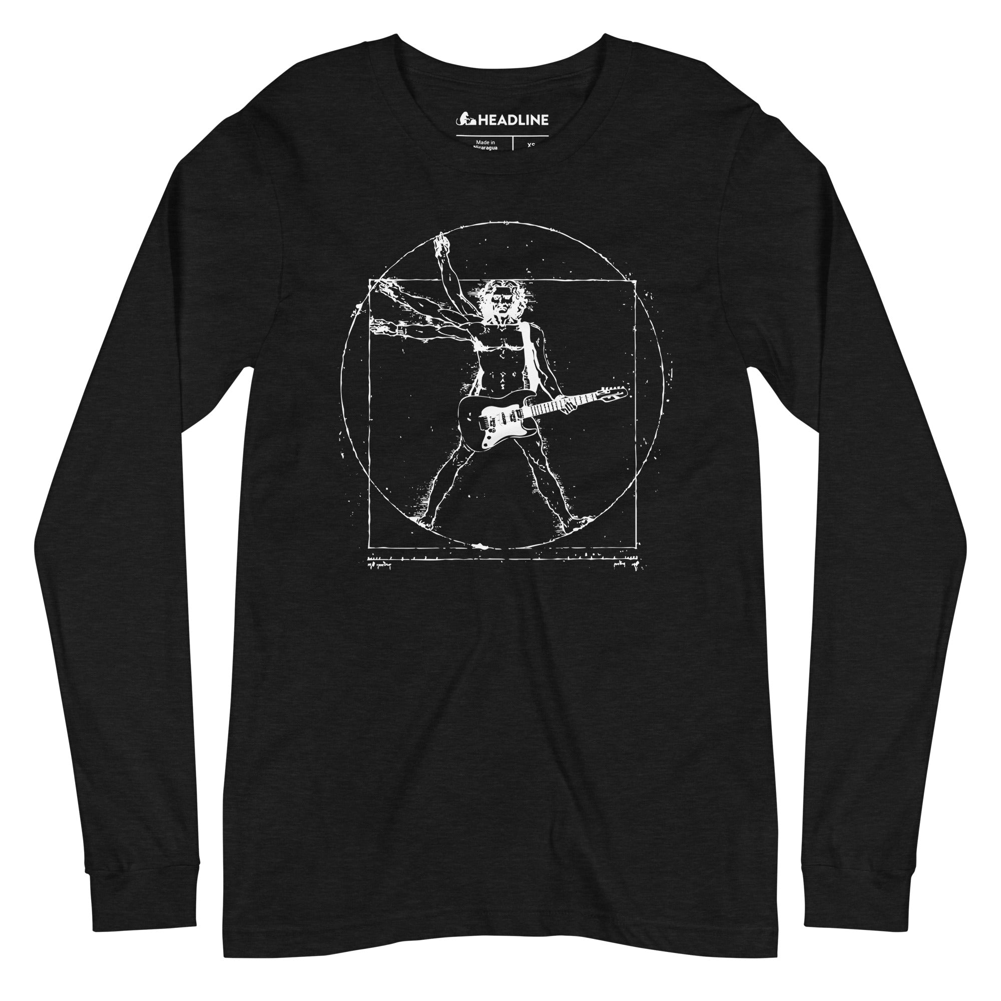 Da Vinci Rock Designer Graphic Long Sleeve Tee | Cool Guitar Vitruvian Windmill Tee | Solid Threads