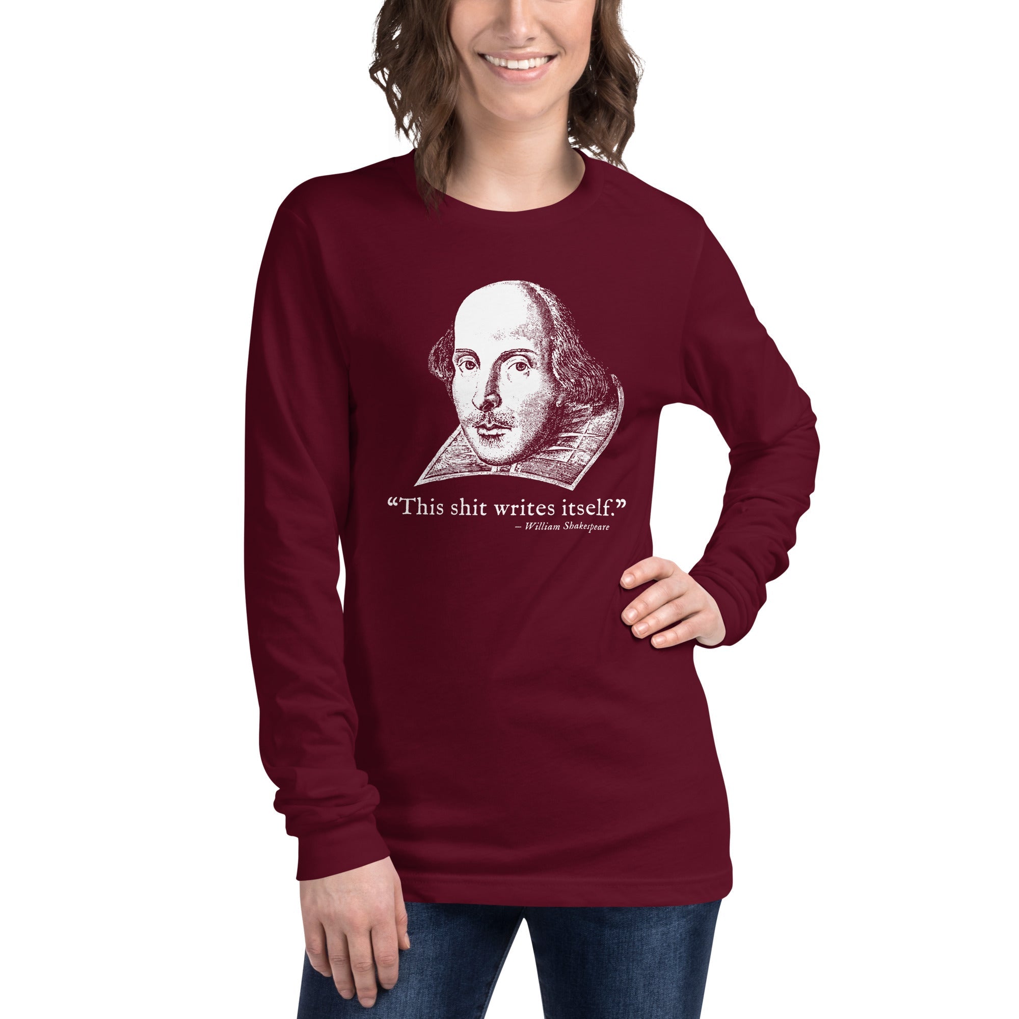 Shit Writes Itself Funny Graphic Long Sleeve Tee | Vintage Shakespeare Tee On Model | Solid Threads