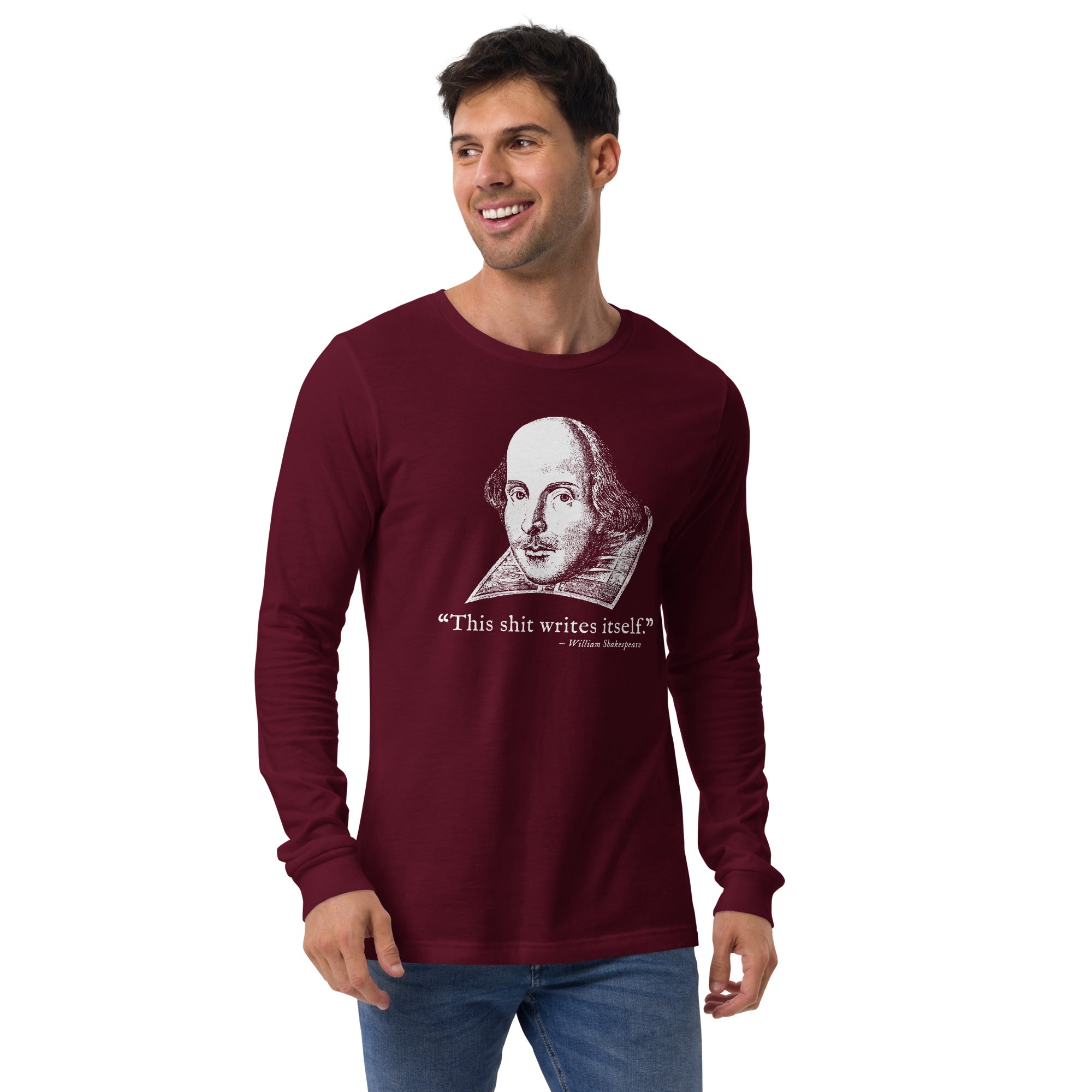 Shit Writes Itself Funny Graphic Long Sleeve Tee | Vintage Shakespeare Tee On Model | Solid Threads