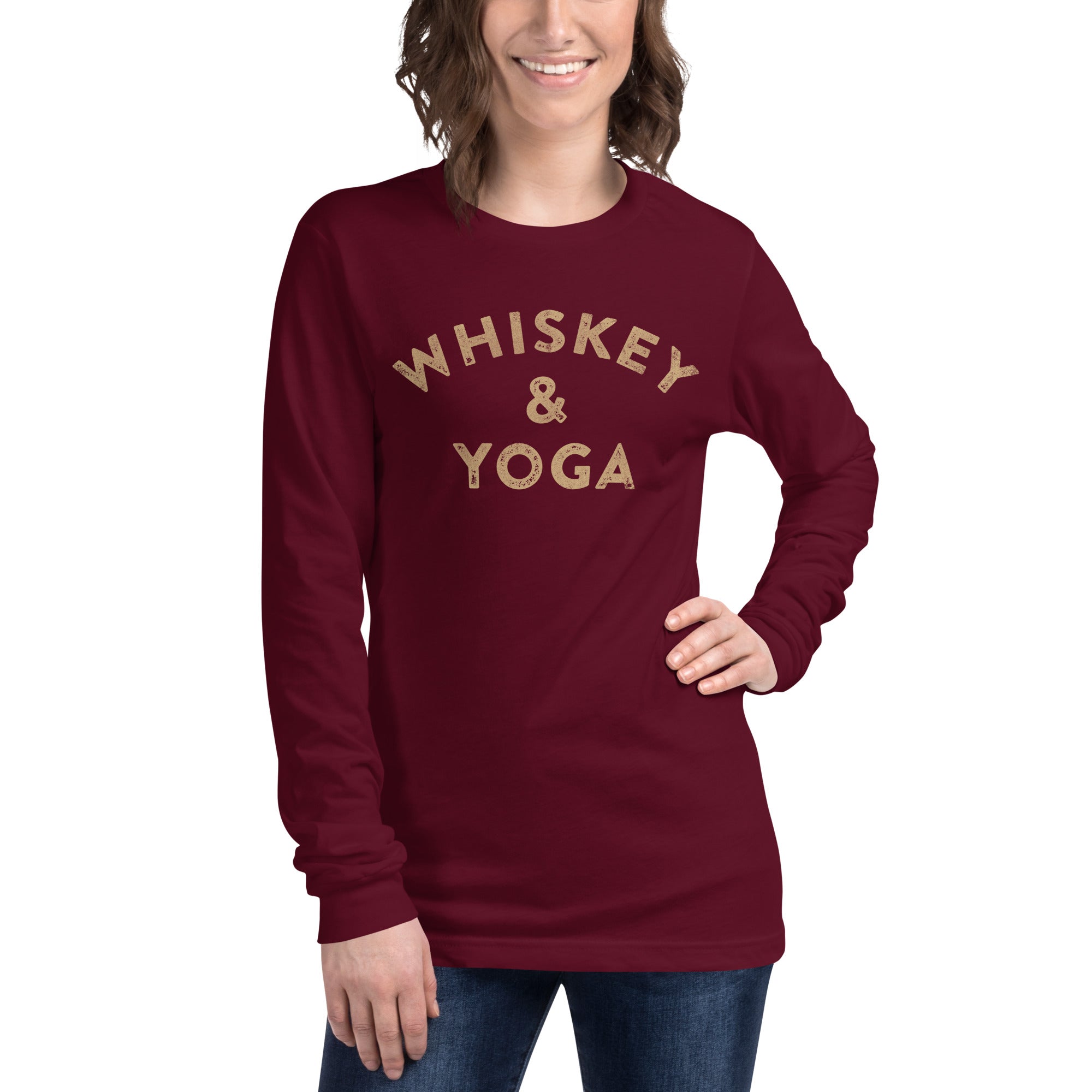 Whiskey & Yoga Funny Graphic Long Sleeve Tee | Vintage Distillery Spirits Tee On Model | Solid Threads