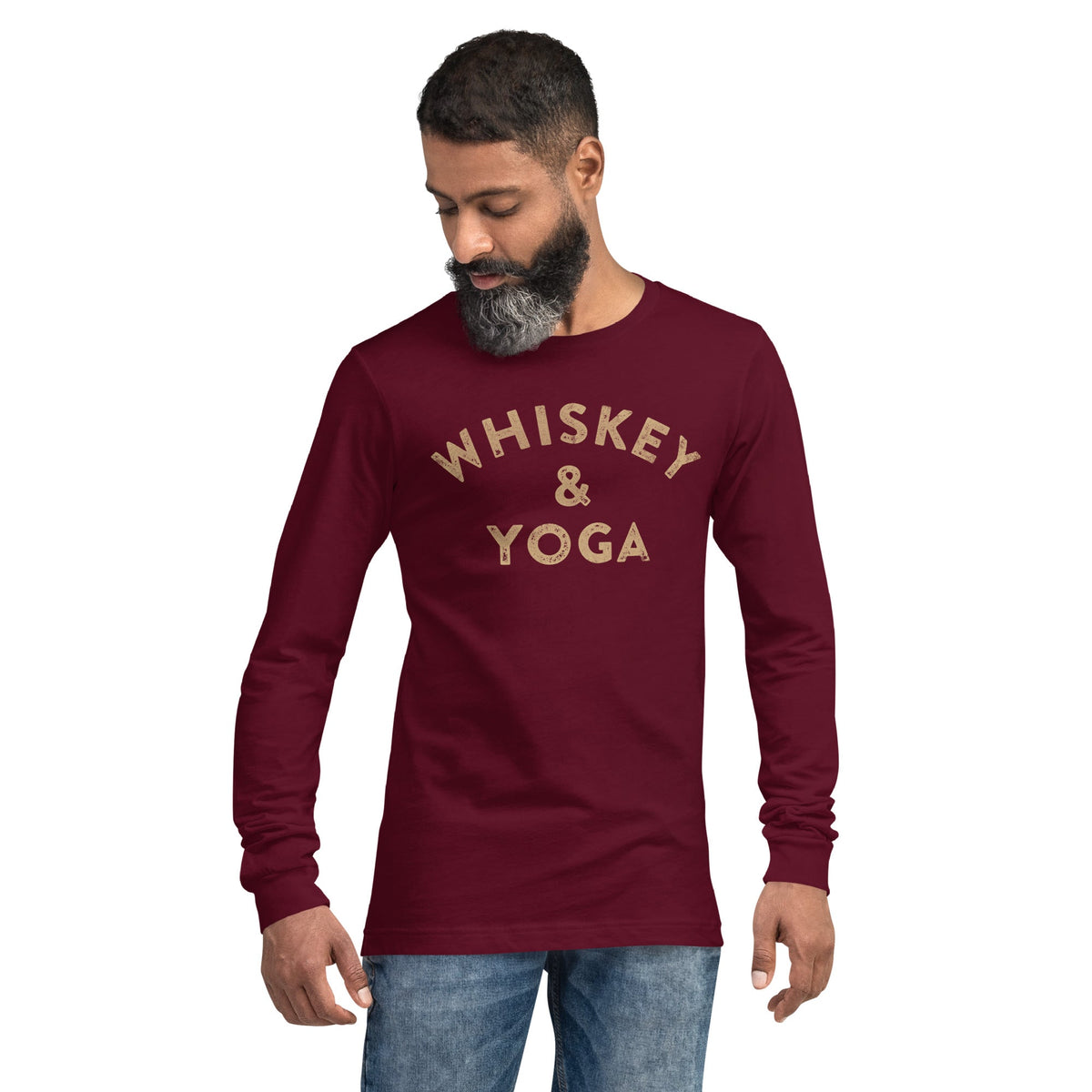 Whiskey & Yoga Funny Graphic Long Sleeve Tee | Vintage Distillery Spirits Tee On Model | Solid Threads