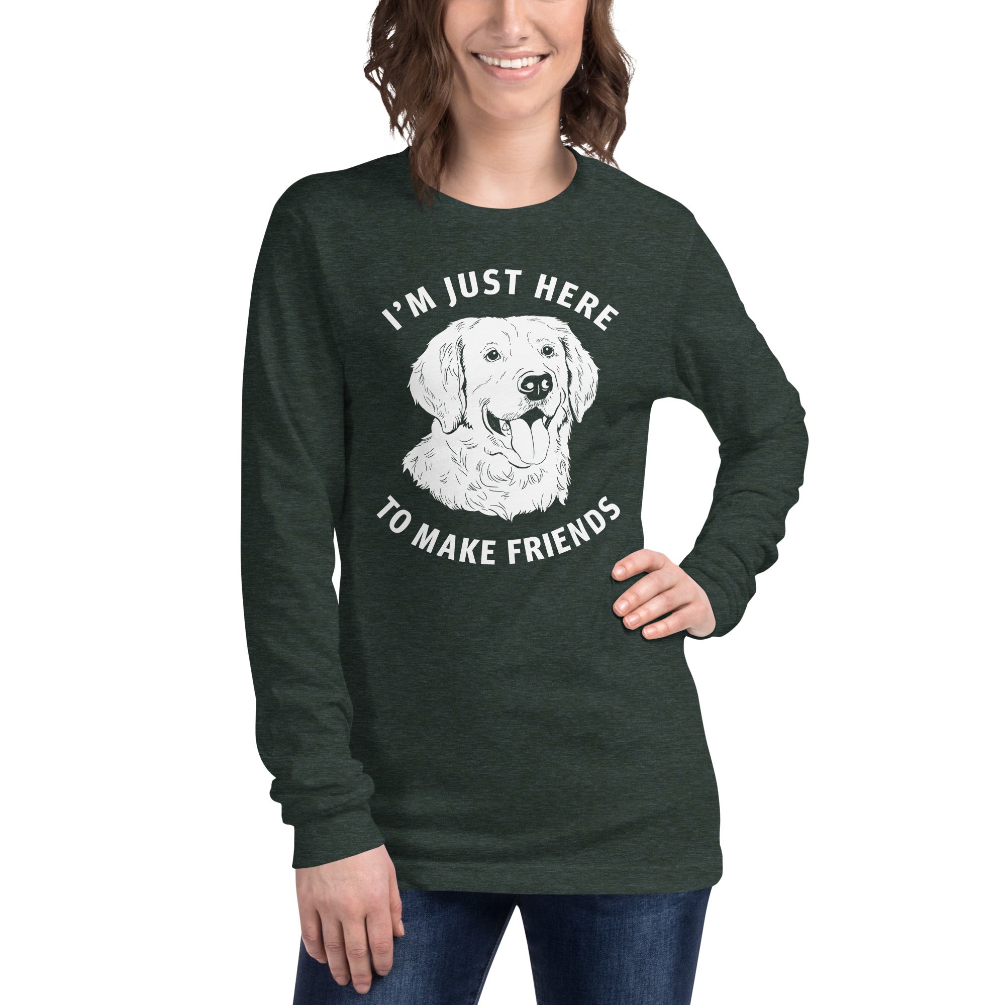 Just Make Friends Funny Graphic Long Sleeve Tee | Retro Retriever Smiling Tee On Model | Solid Threads