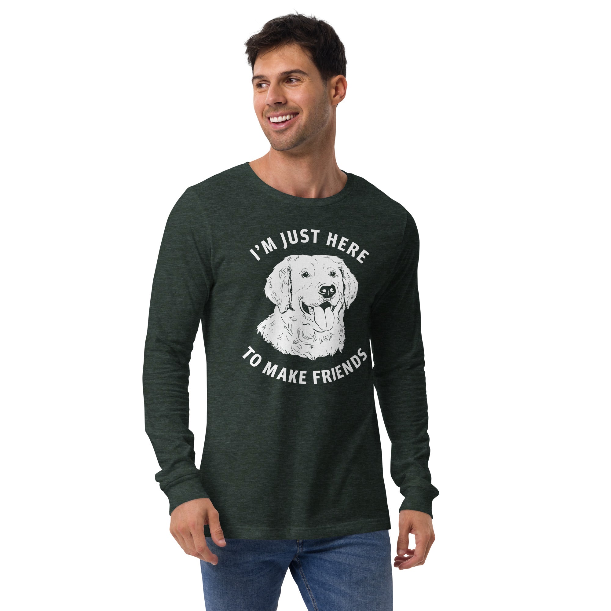 Just Make Friends Funny Graphic Long Sleeve Tee | Retro Retriever Smiling Tee On Model | Solid Threads