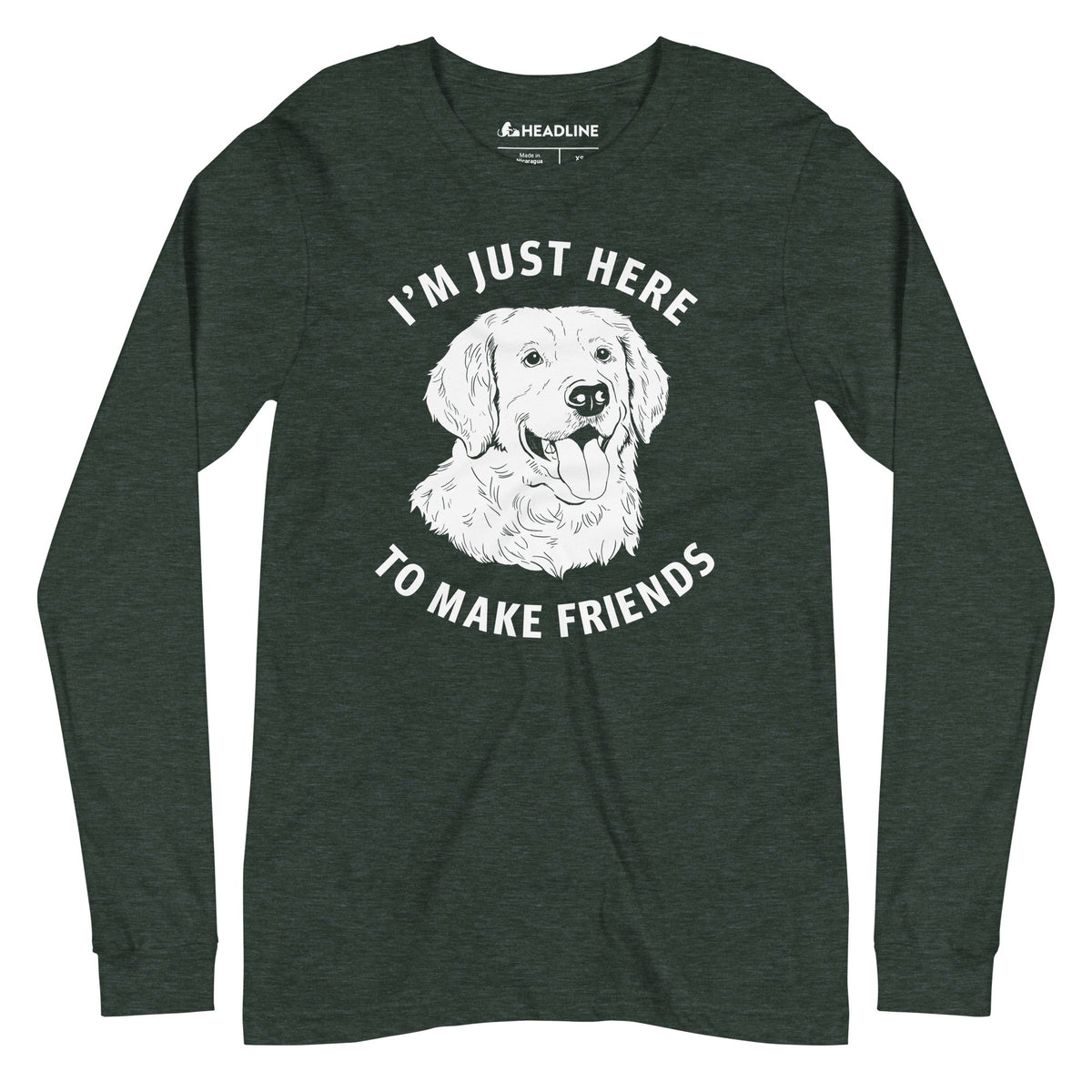 Just Here To Make Friends Funny Graphic Long Sleeve Tee | Vintage Golden Retriever Tee | Solid Threads