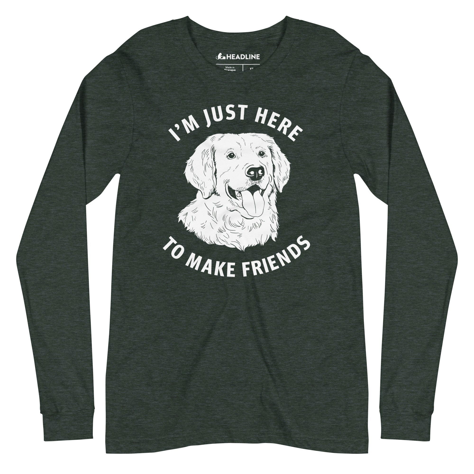 Just Here To Make Friends Funny Graphic Long Sleeve Tee | Vintage Golden Retriever Tee | Solid Threads