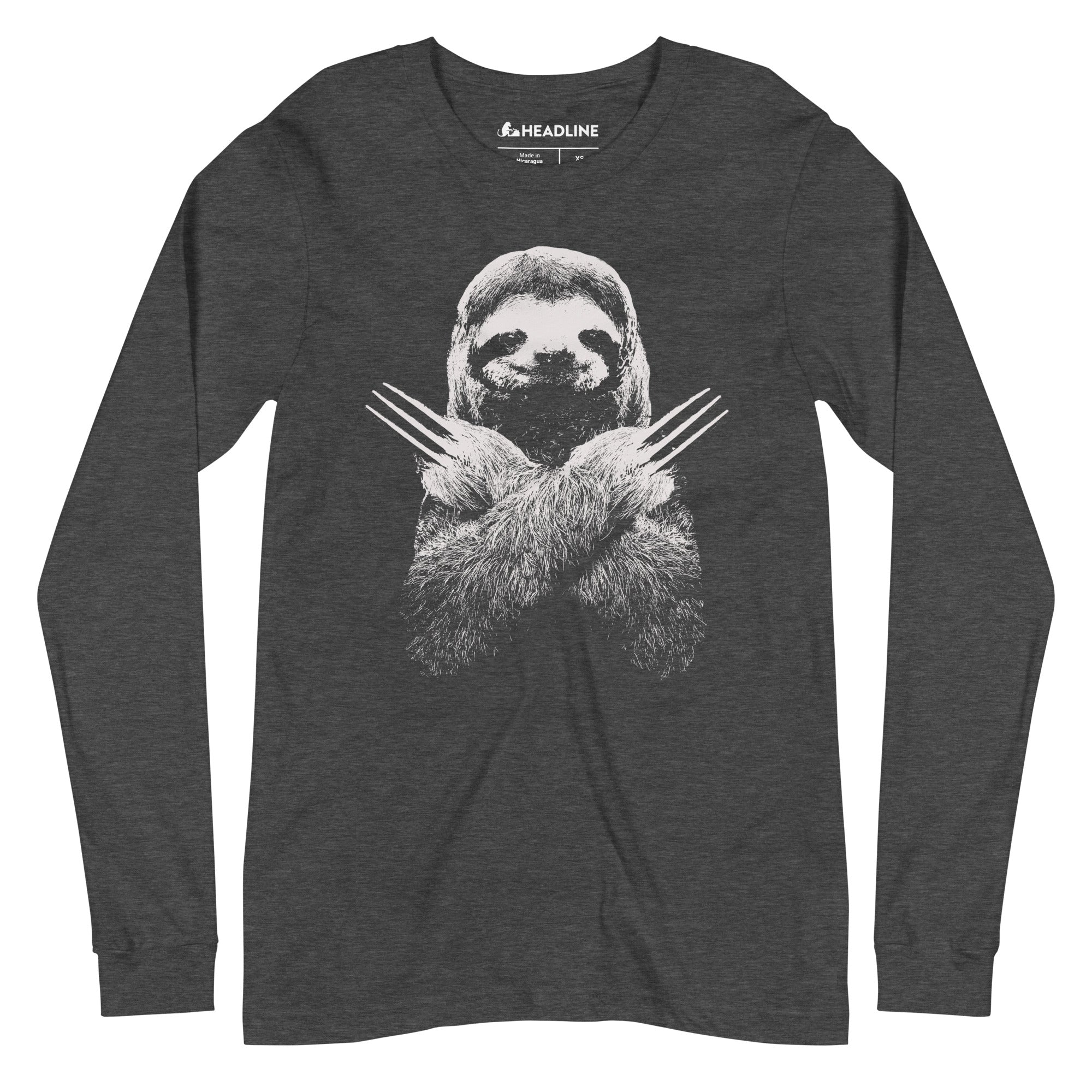 Slotherine Funny Animal Graphic Long Sleeve Tee | Designer Superhero Claws Comic Tee | Solid Threads